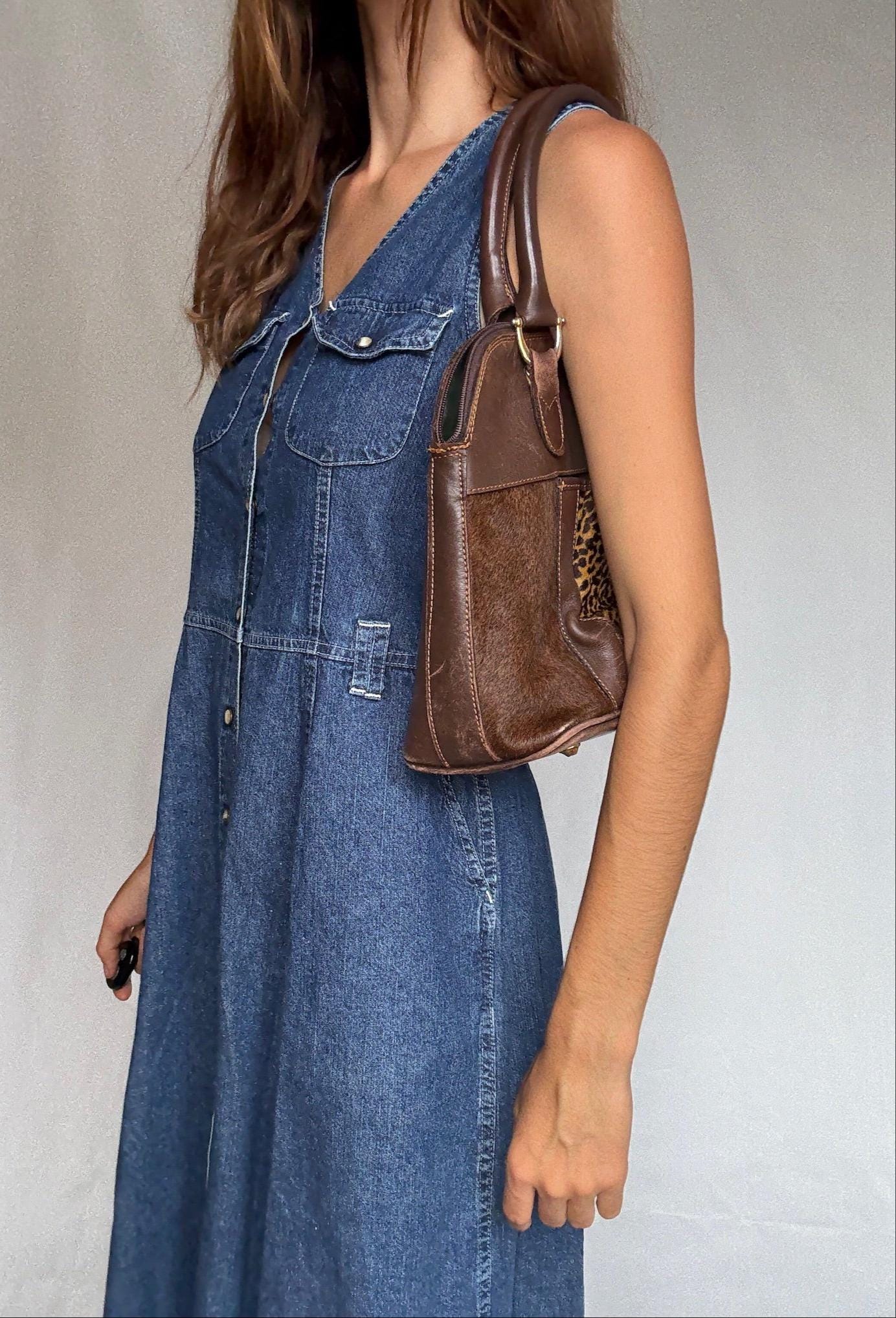 Leopard Print Vintage Brown Leather Satchel — back view