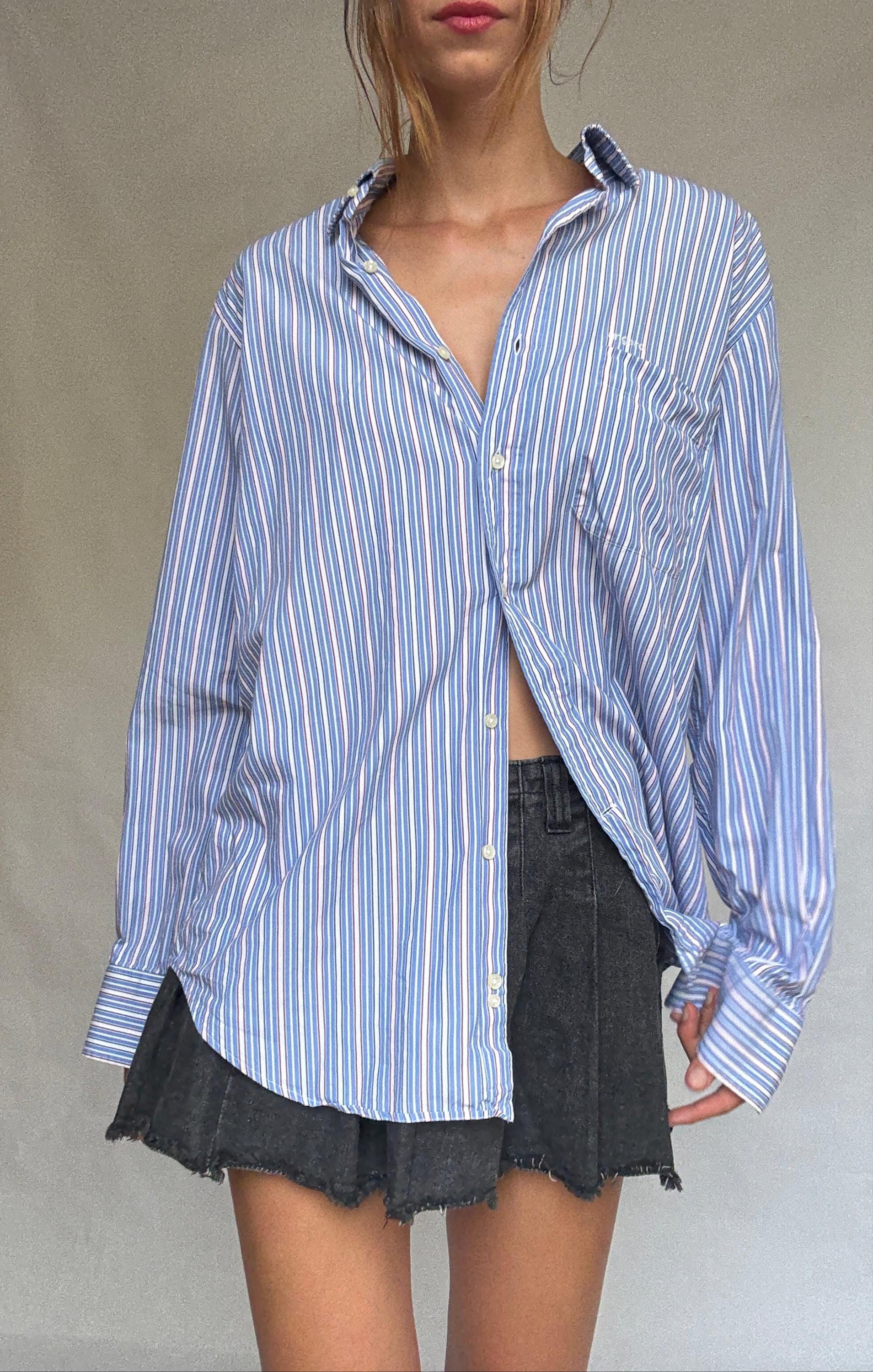 Vintage Ungaro Striped Cotton Button-Up Shirt — fabric close-up