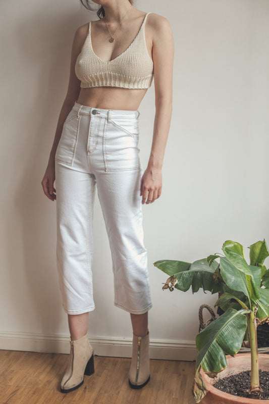 Vintage white jeans with high waist, Y2K trousers, Flared cropped women's summer trousers, High rise bootcut jeans,