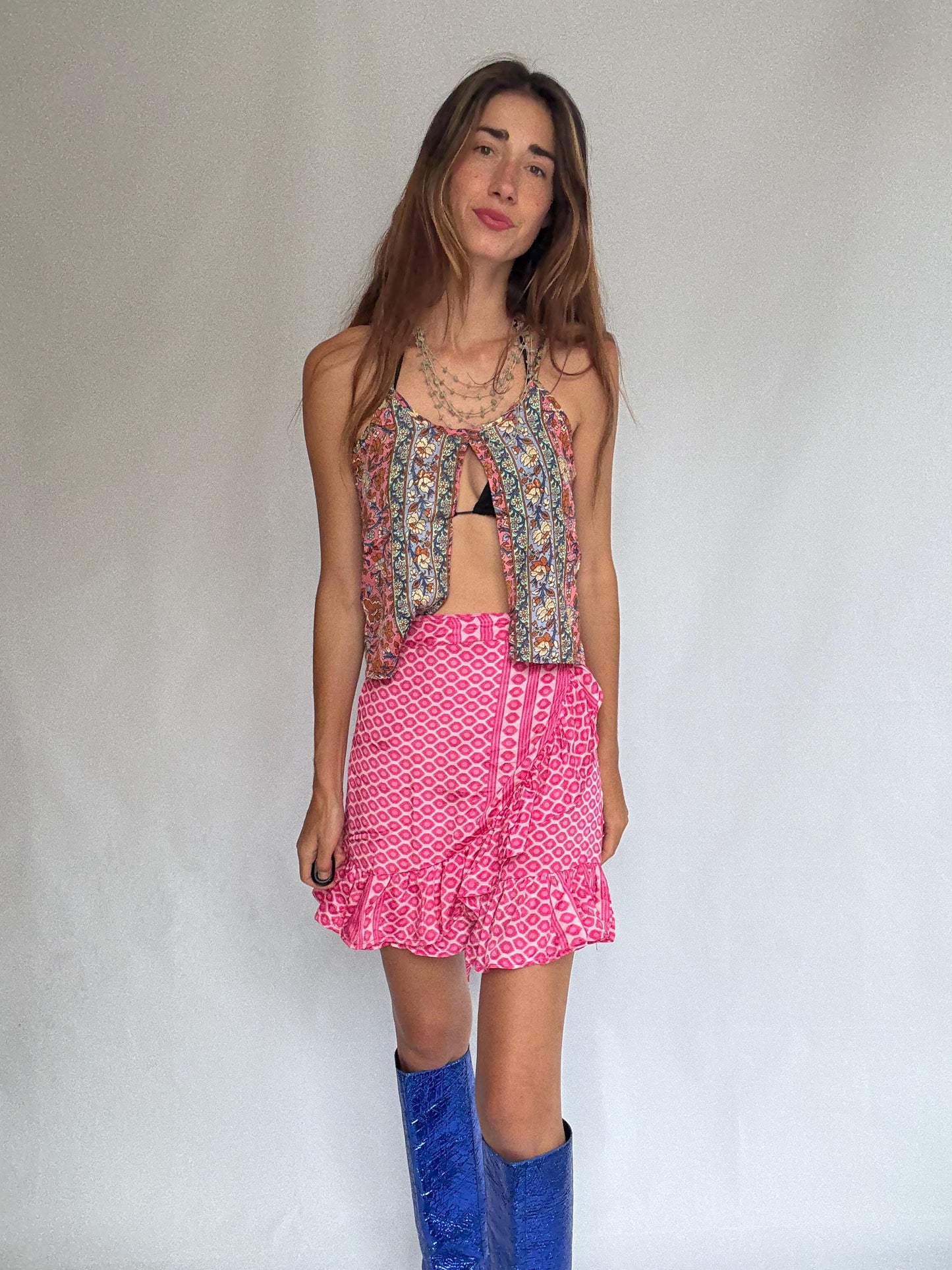 Pink Silk Ruffle Wrap Skirt – Sindia NWT, Size S–L Adjustable, Festival Boho Summer Vibes, Lightweight Vibrant Print, Cottagecore Beach