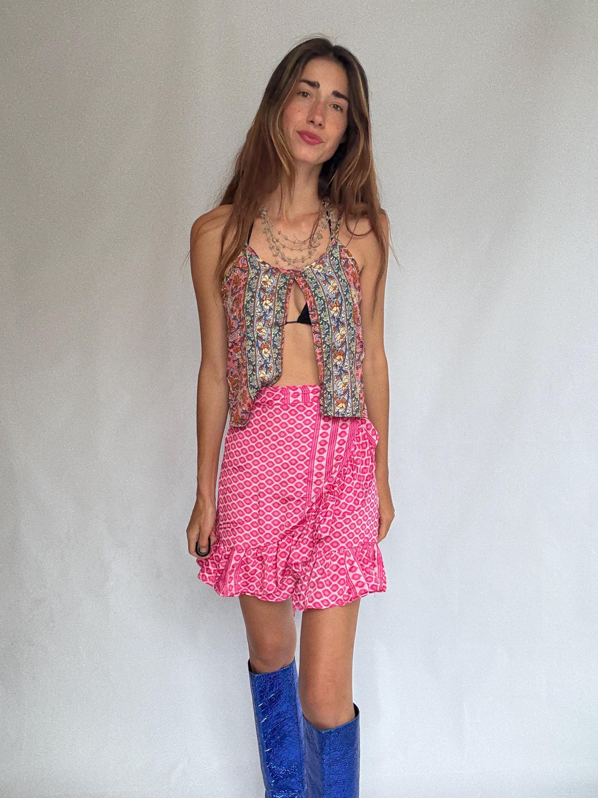 Pink Silk Ruffle Wrap Skirt – Sindia NWT, Size S–L Adjustable, Festival Boho Summer Vibes, Lightweight Vibrant Print, Cottagecore Beach