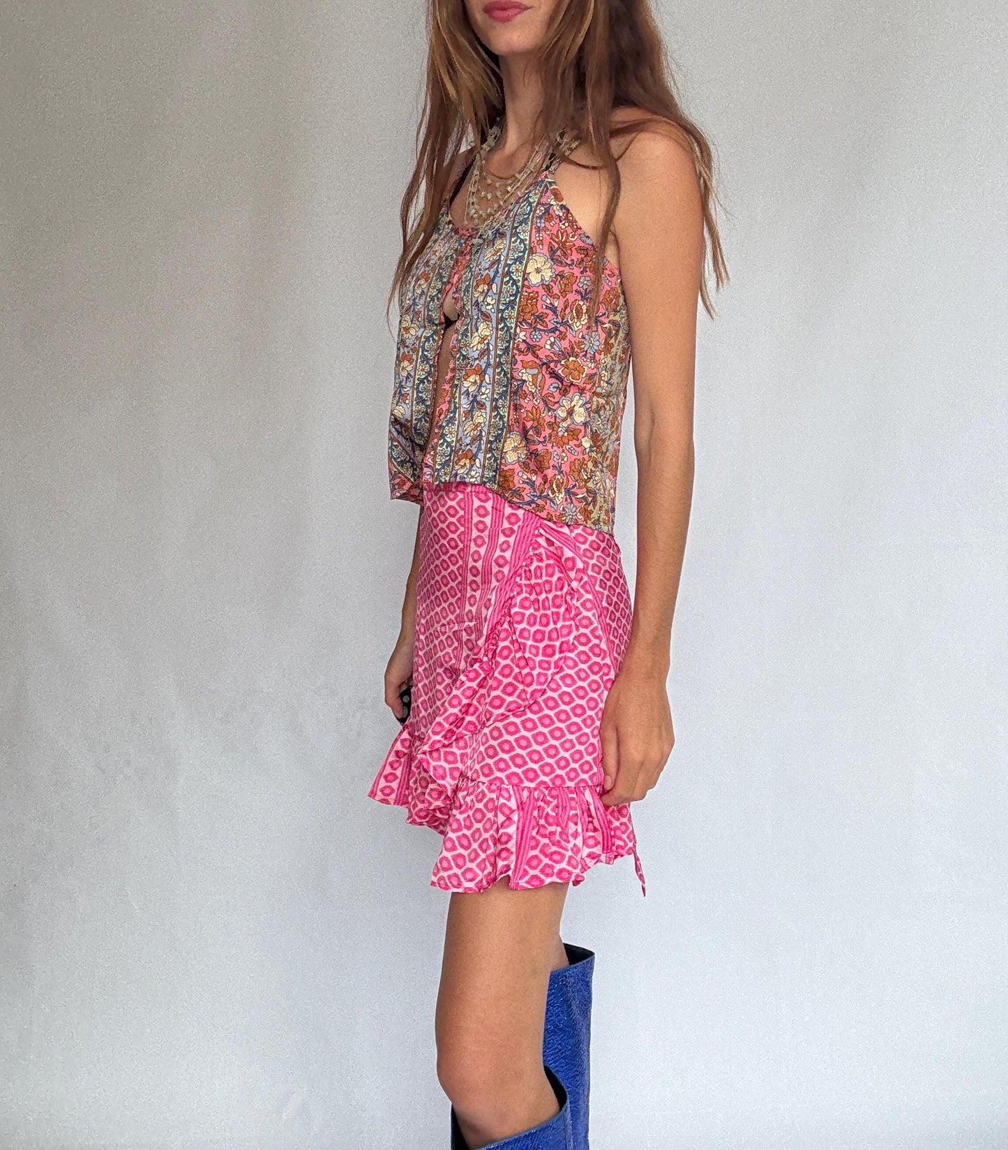 Pink Silk Ruffle Wrap Skirt – Sindia NWT, Size S–L Adjustable, Festival Boho Summer Vibes, Lightweight Vibrant Print, Cottagecore Beach