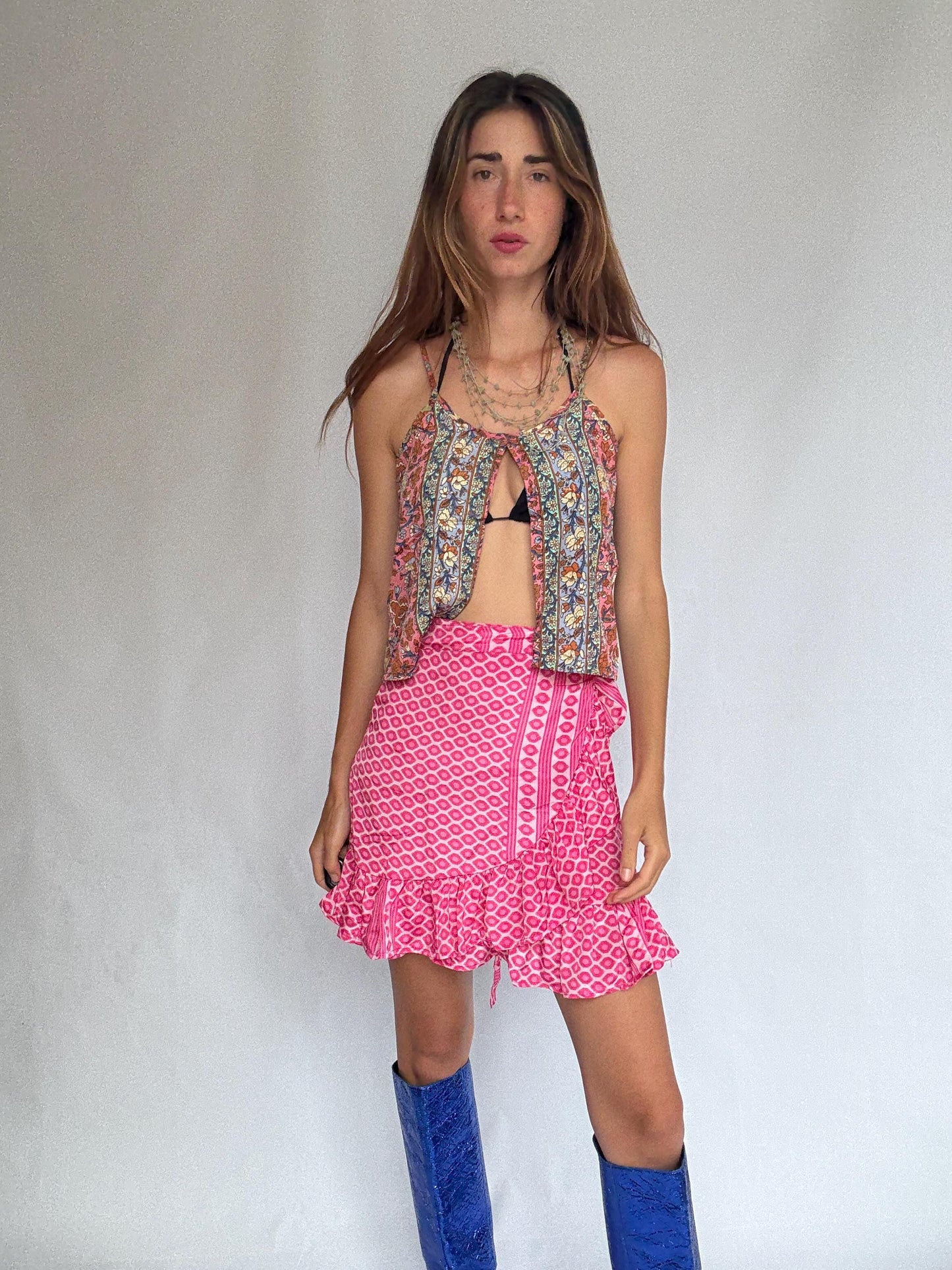 Pink Silk Ruffle Wrap Skirt – Sindia NWT, Size S–L Adjustable, Festival Boho Summer Vibes, Lightweight Vibrant Print, Cottagecore Beach