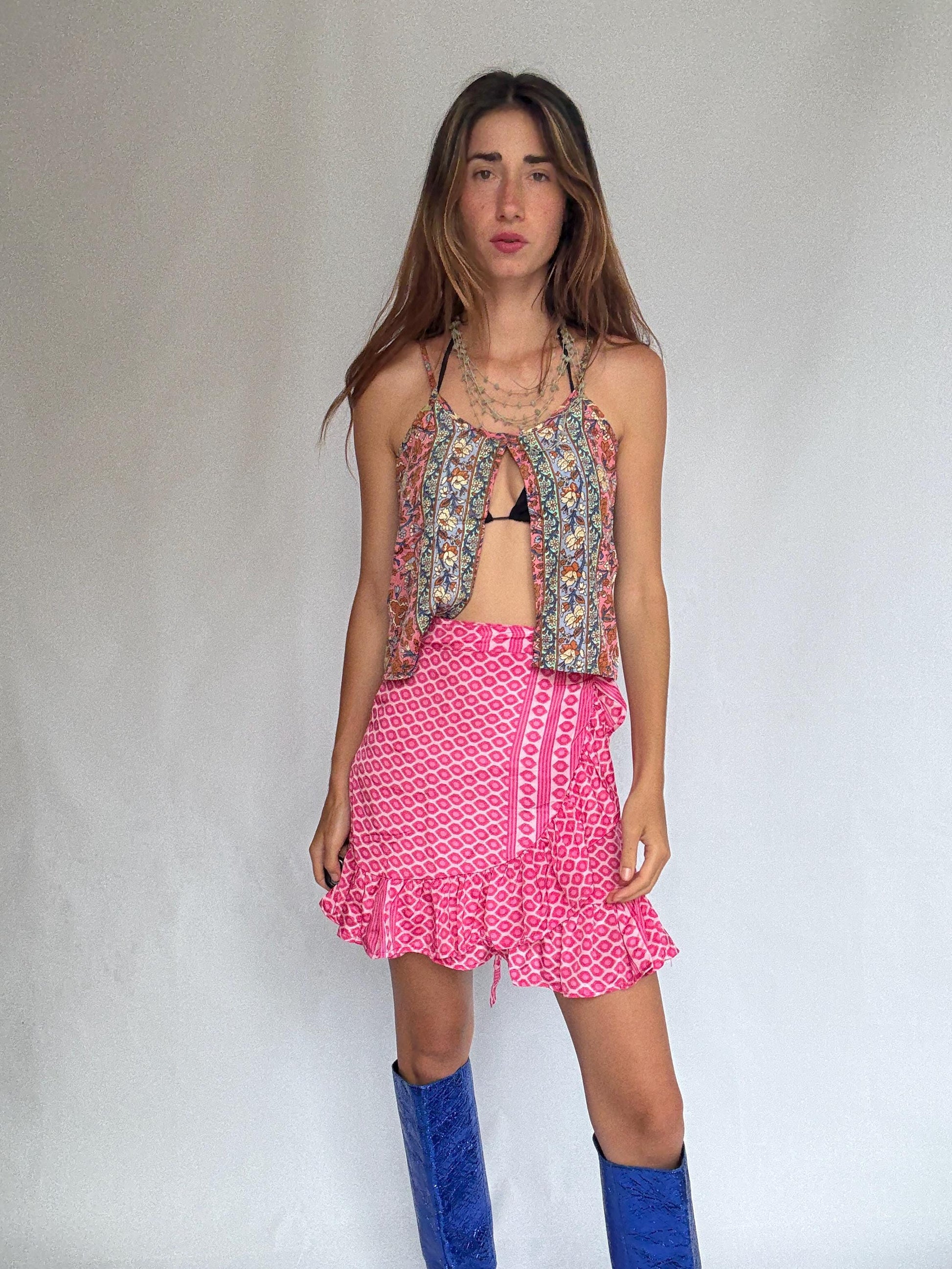 Pink Silk Ruffle Wrap Skirt – Sindia NWT, Size S–L Adjustable, Festival Boho Summer Vibes, Lightweight Vibrant Print, Cottagecore Beach