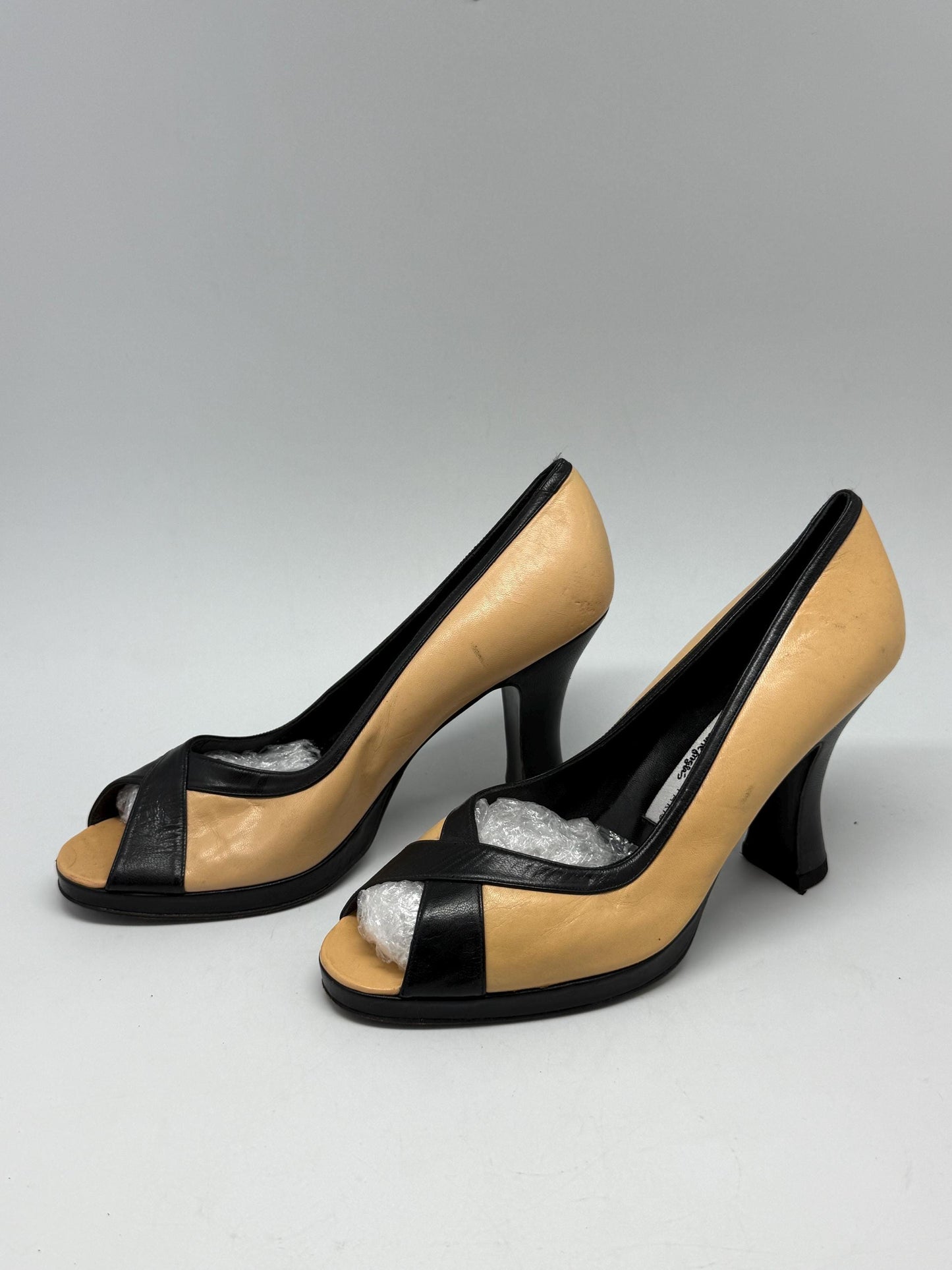 Rare Vintage Balenciaga tan black leather heels US8.5, made in Spain, peep toe sculpted heel, elegant designer shoes in genuine leather