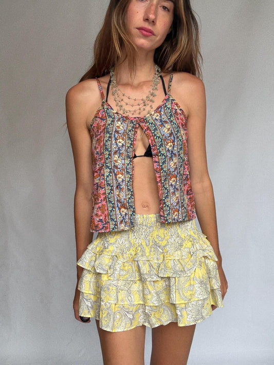 Yellow Ruffle Mini Skort – Y2K Festival Cotton Skirt w/ Shorts, Coquette Summer Fit, Suki Waterhouse Vibes, Thrifted Size S