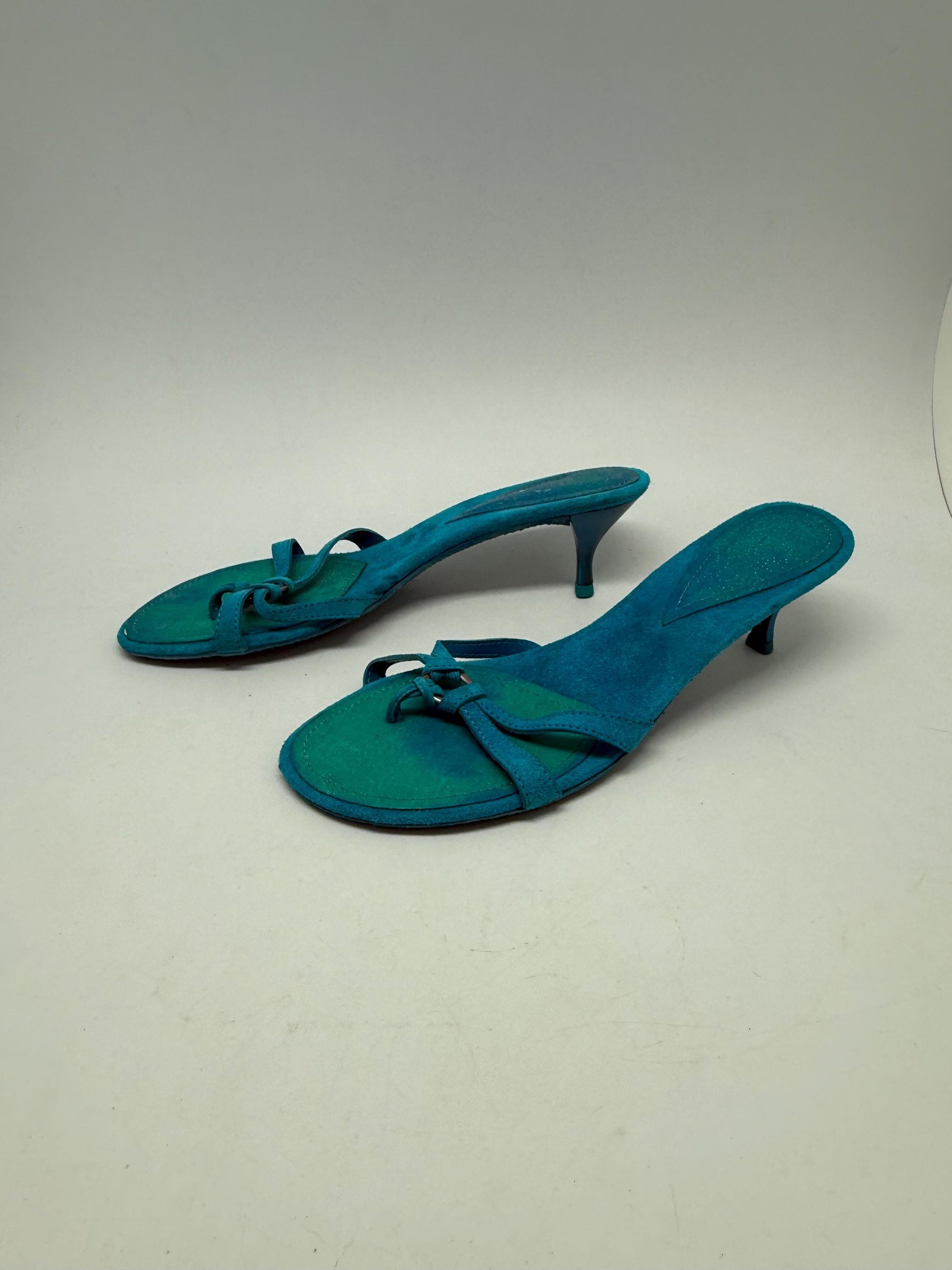 Vintage turquoise suede bow kitten heels EU39 US8.5, strappy Y2K sandals with 5 cm heel, bright summer party shoes, open toe retro