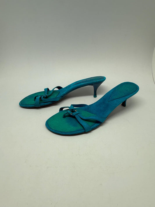 Vintage turquoise suede bow kitten heels EU39 US8.5, strappy Y2K sandals with 5 cm heel, bright summer party shoes, open toe retro