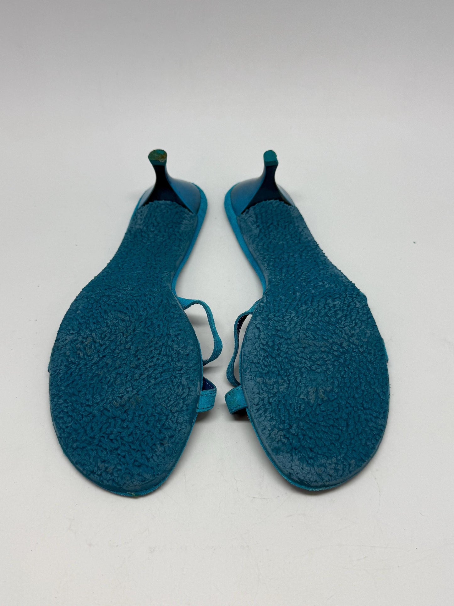 Vintage turquoise suede bow kitten heels EU39 US8.5, strappy Y2K sandals with 5 cm heel, bright summer party shoes, open toe retro