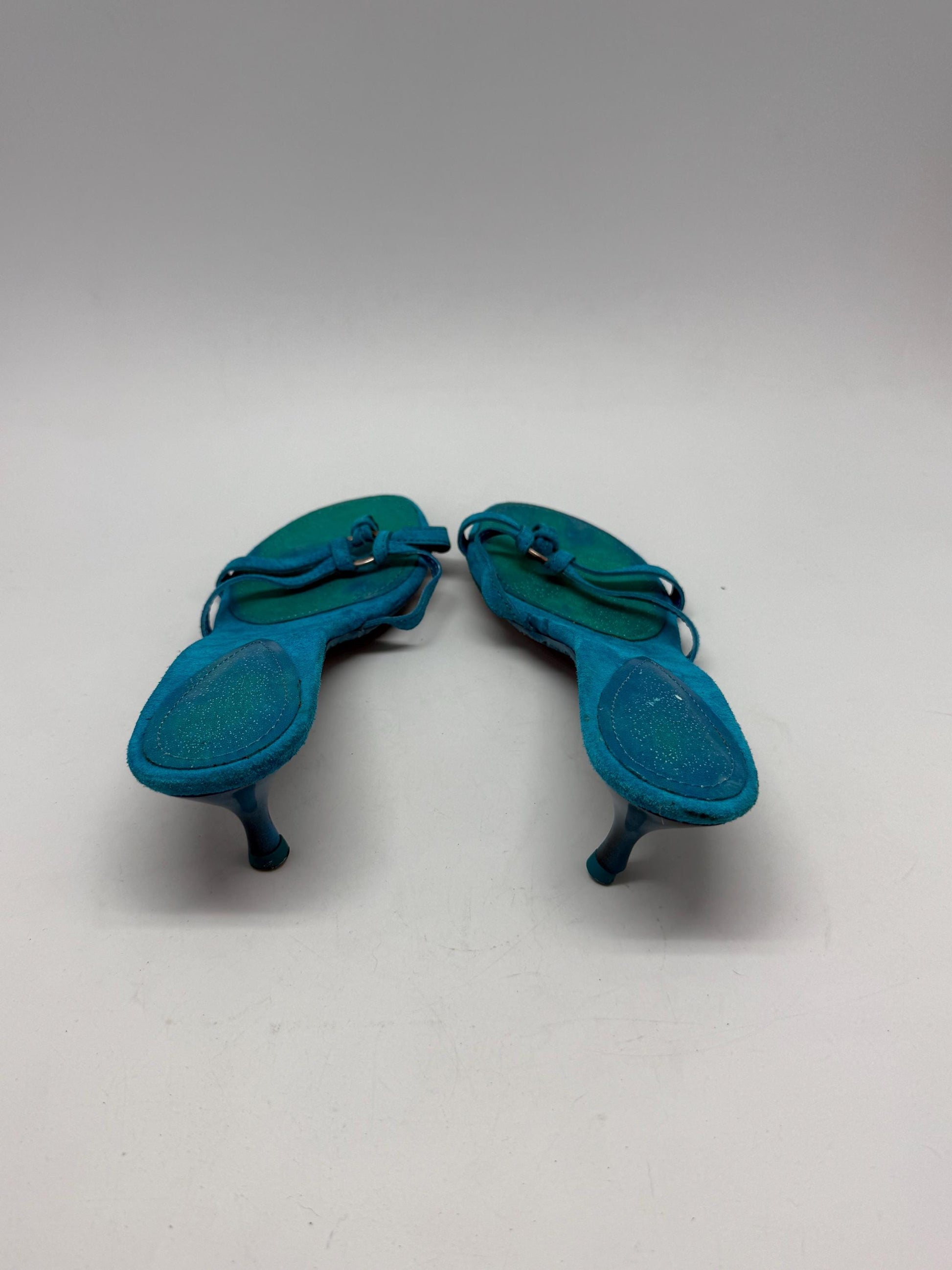 Vintage turquoise suede bow kitten heels EU39 US8.5, strappy Y2K sandals with 5 cm heel, bright summer party shoes, open toe retro