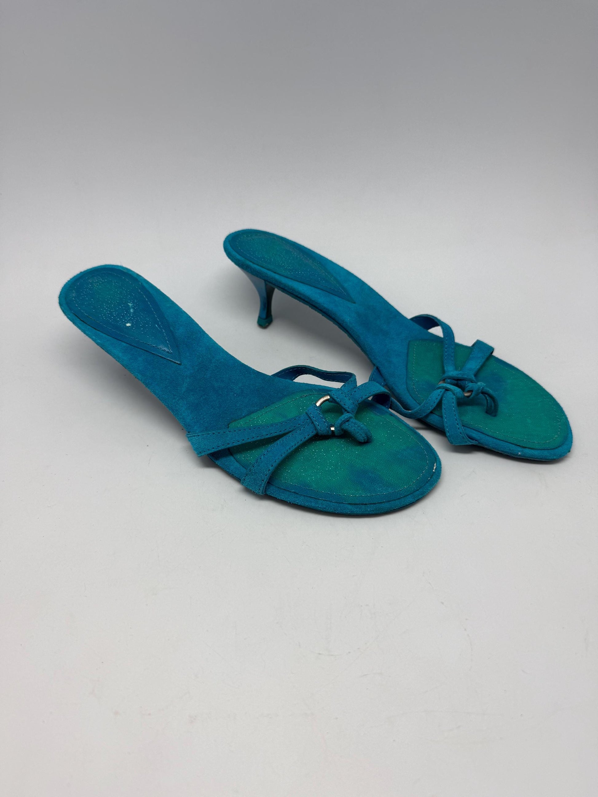 Vintage turquoise suede bow kitten heels EU39 US8.5, strappy Y2K sandals with 5 cm heel, bright summer party shoes, open toe retro