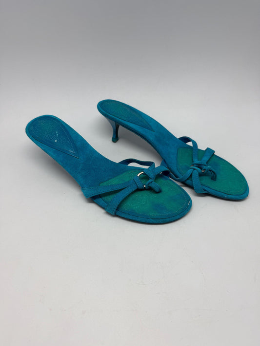 Vintage blue suede bow kitten heels, EU39 US8.5, strappy Y2K sandals