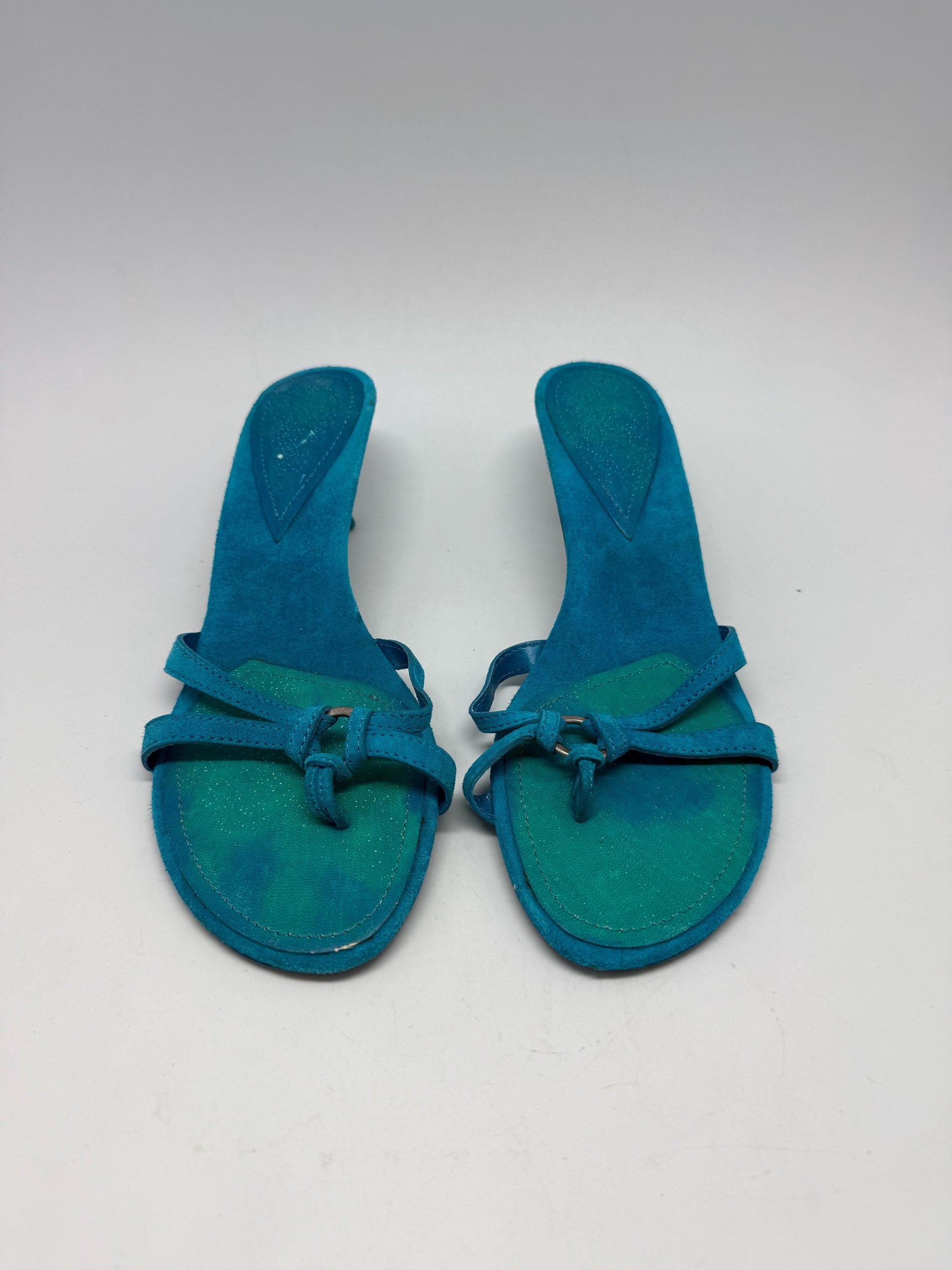 Vintage turquoise suede bow kitten heels EU39 US8.5, strappy Y2K sandals with 5 cm heel, bright summer party shoes, open toe retro