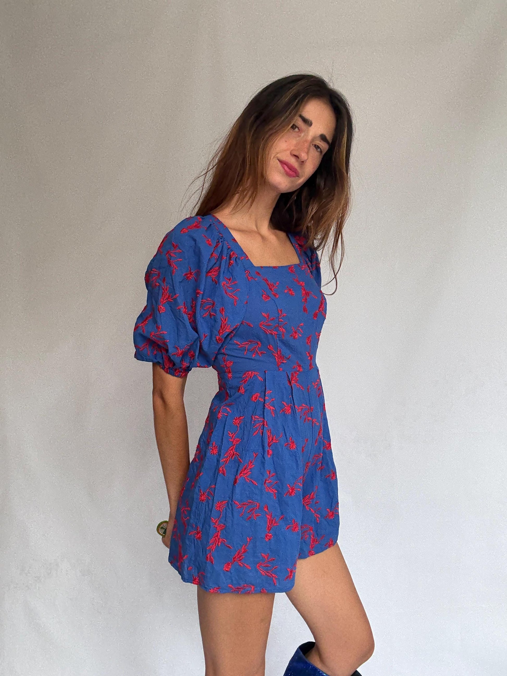 Blue Puff Sleeve Floral Backless Jumpsuit — back view