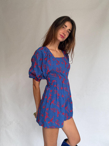 Blue Puff Sleeve Floral Backless Jumpsuit — back view