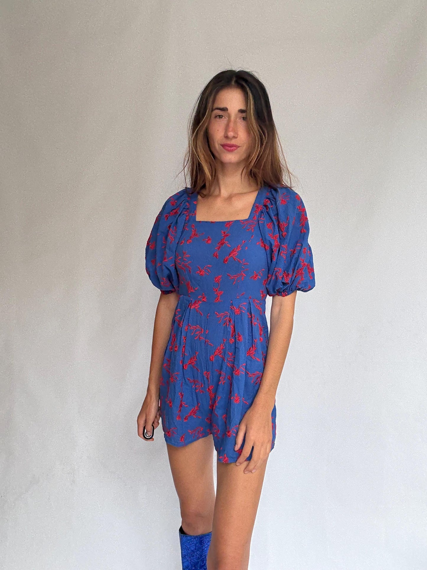 Blue Puff Sleeve Floral Backless Jumpsuit — fabric close-up
