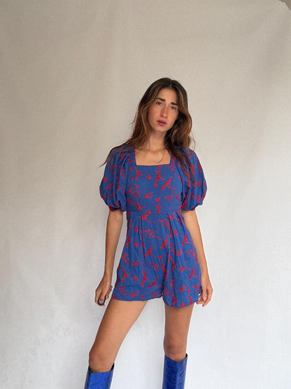 Blue Puff Sleeve Floral Backless Jumpsuit — additional view 6