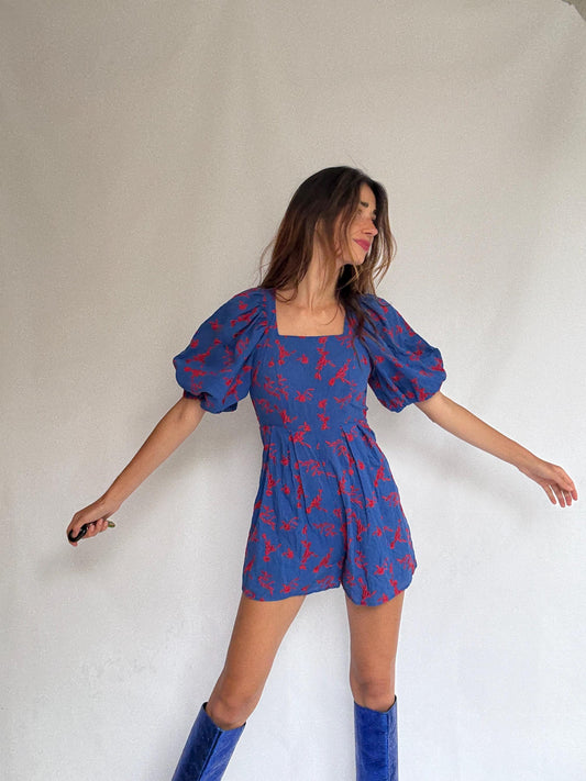 Blue Puff Sleeve Floral Backless Jumpsuit