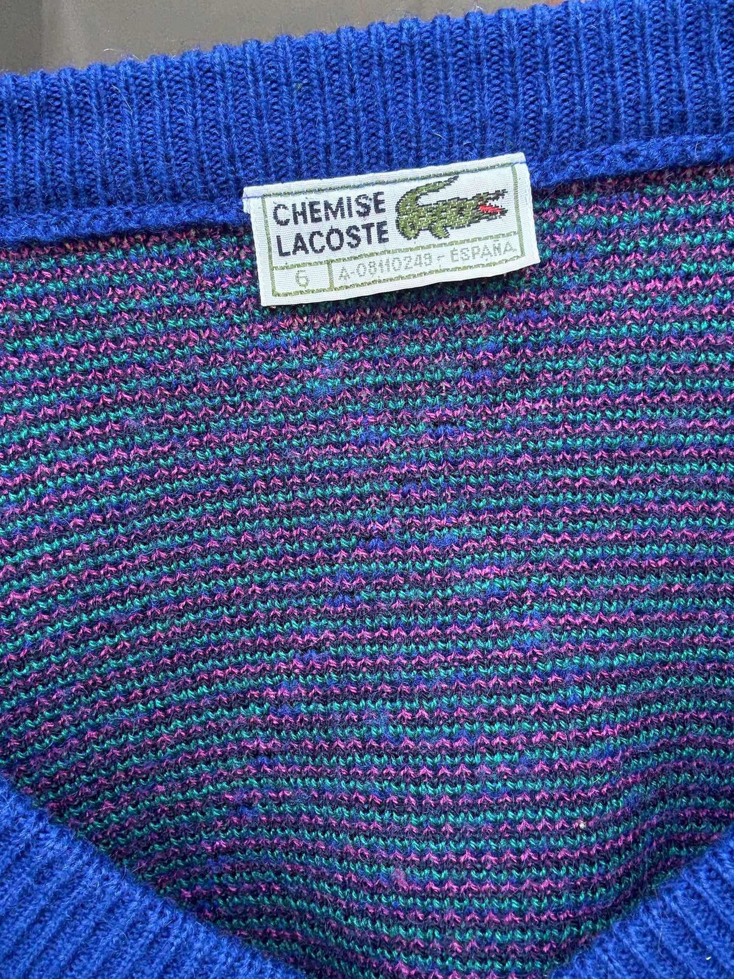 Vintage Lacoste navy V-neck sweater – wool blend pullover with logo – size 6 made in Spain