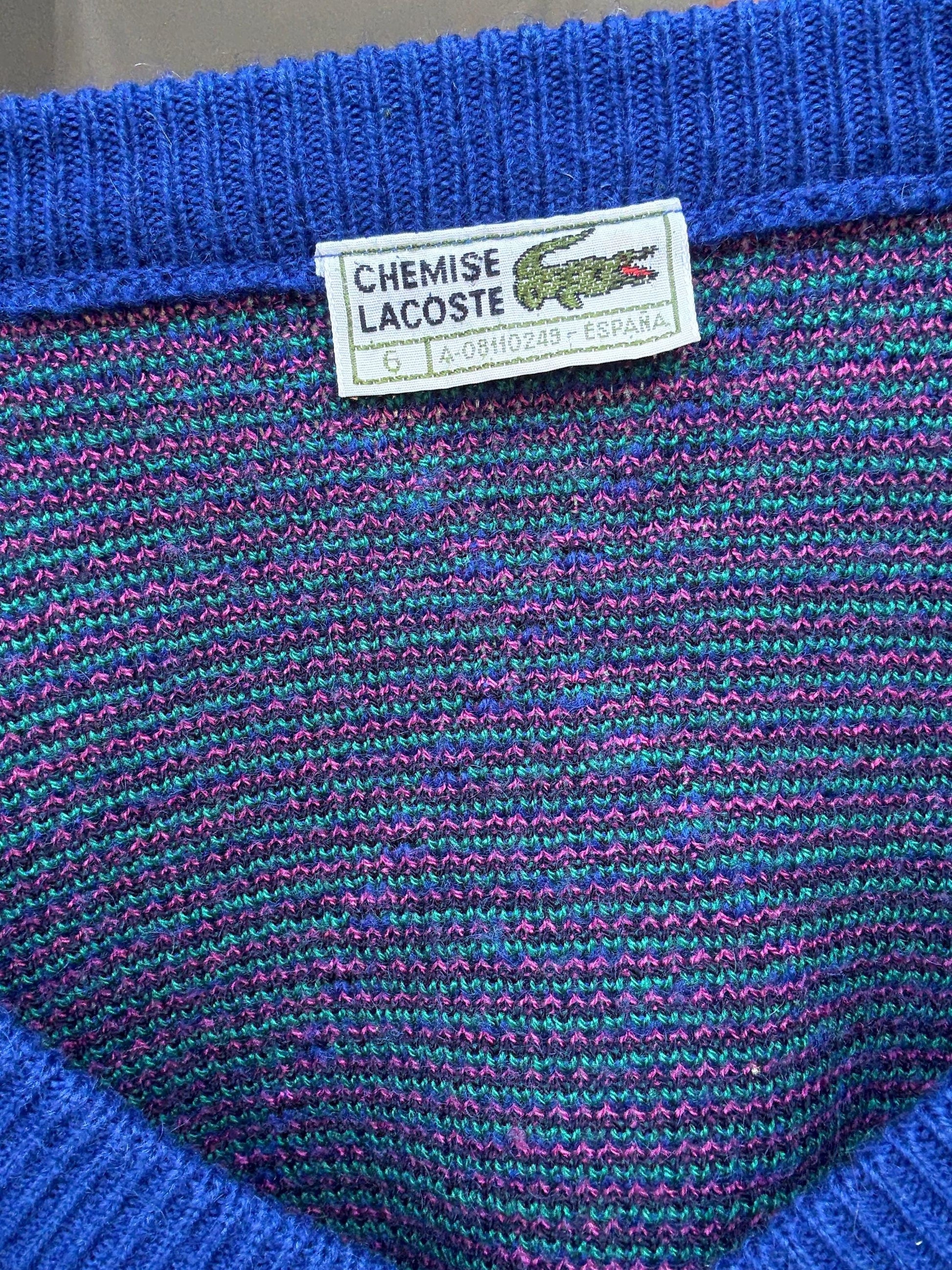 Vintage Lacoste navy V-neck sweater – wool blend pullover with logo – size 6 made in Spain