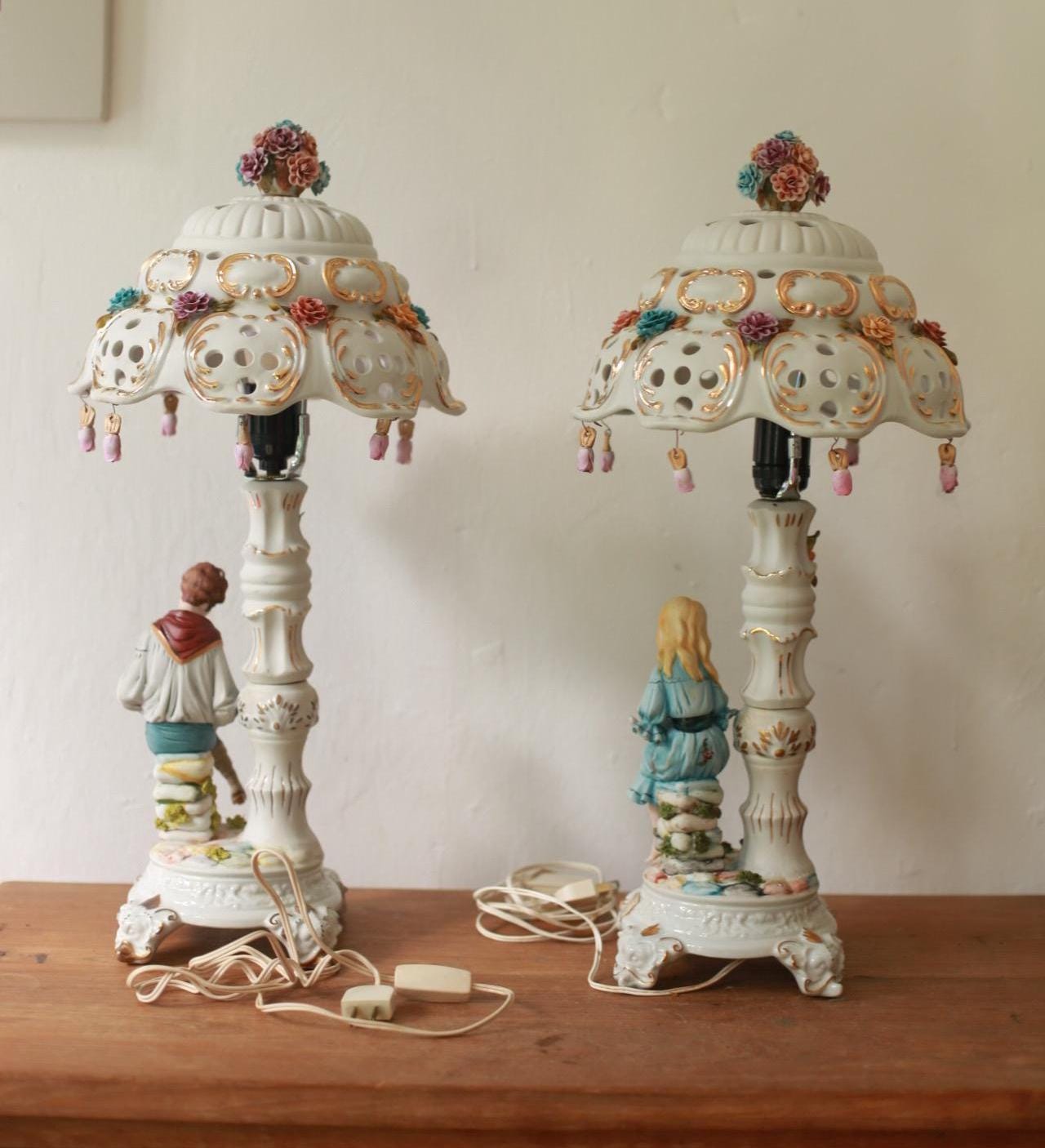 Rare Fornili vintage porcelain lamp – floral figurine table light with pierced shade & gold luster – signed, E27 bulb, US plug