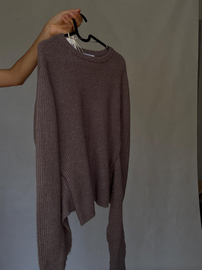 Earthy Brown Tie-Front Ribbed Knit Jumper, Vintage Style