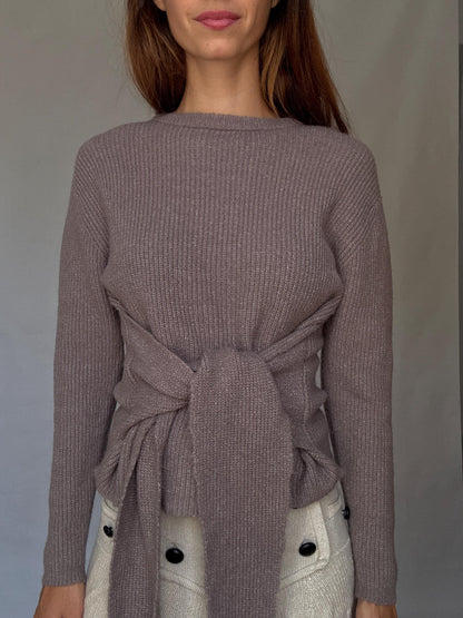 Earthy Brown Tie-Front Ribbed Knit Jumper, Vintage Style