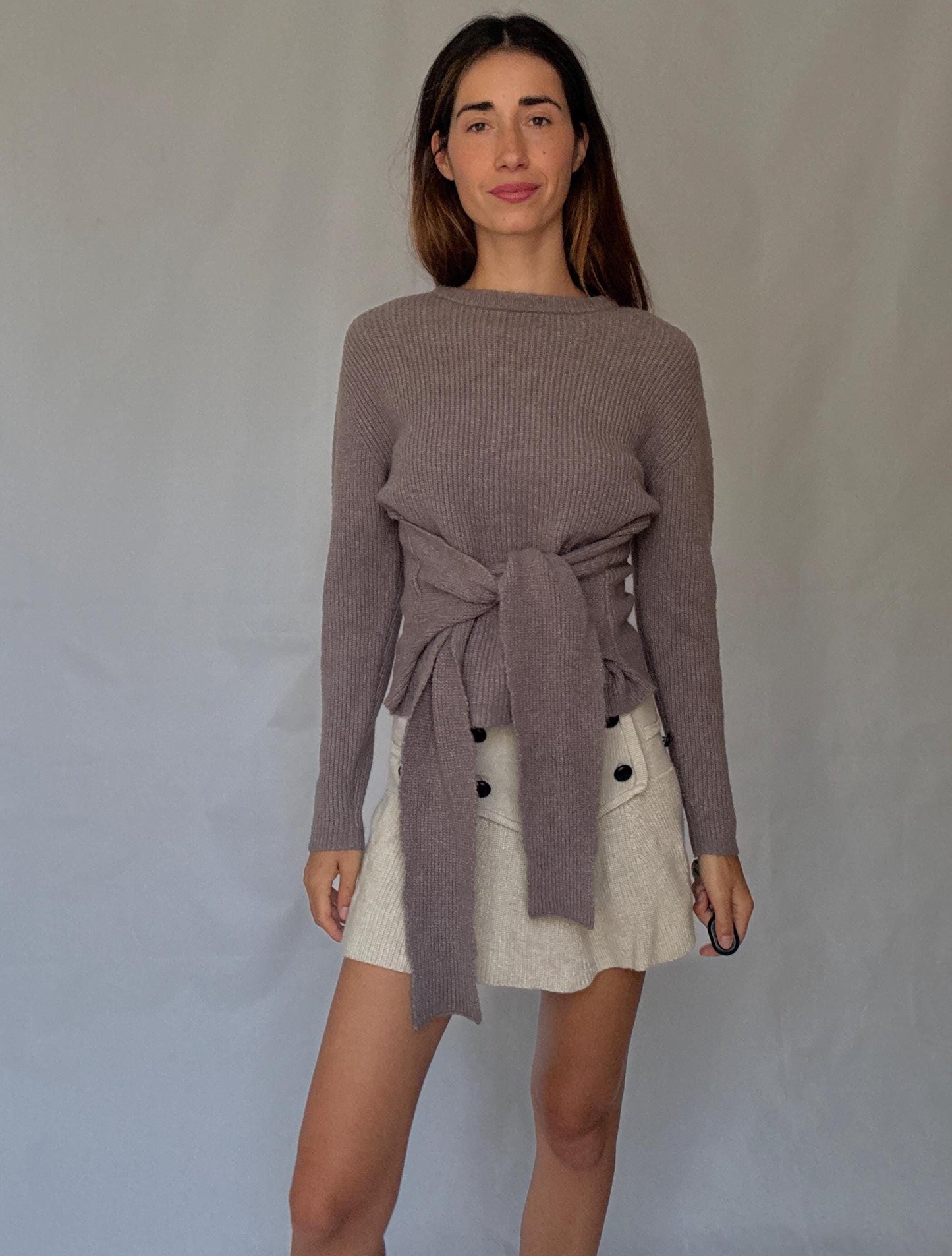 Earthy brown tie front back long sleeve jumper, unworn with tags, size S, soft rib knit,