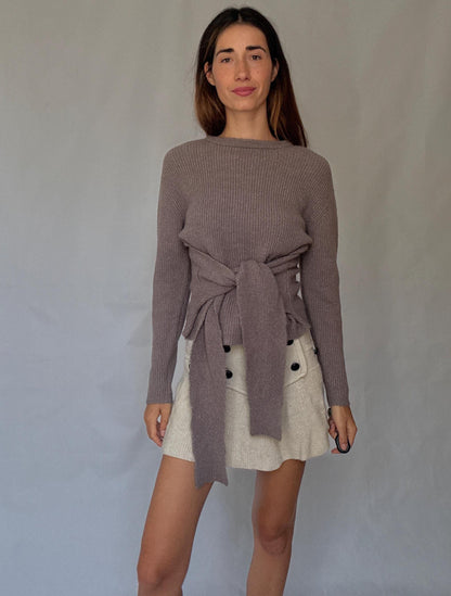 Earthy Brown Tie-Front Ribbed Knit Jumper, Vintage Style