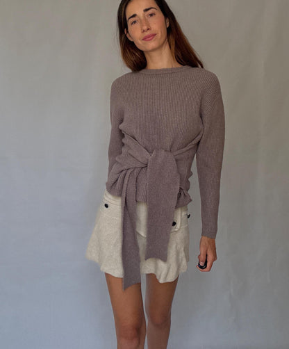 Earthy Brown Tie-Front Ribbed Knit Jumper, Vintage Style