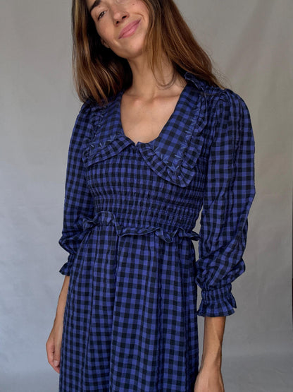 Vintage gingham cotton blend maxi dress with shirred waist and statement collar, XS
