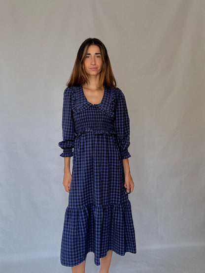 Vintage gingham cotton blend maxi dress with shirred waist and statement collar, XS