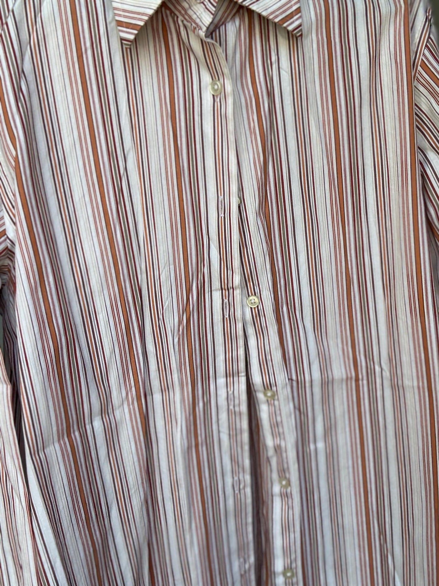 Hugo Boss men’s striped US XL cotton button-up shirt – red brown and white vertical stripe long sleeve classic preppy smart casual