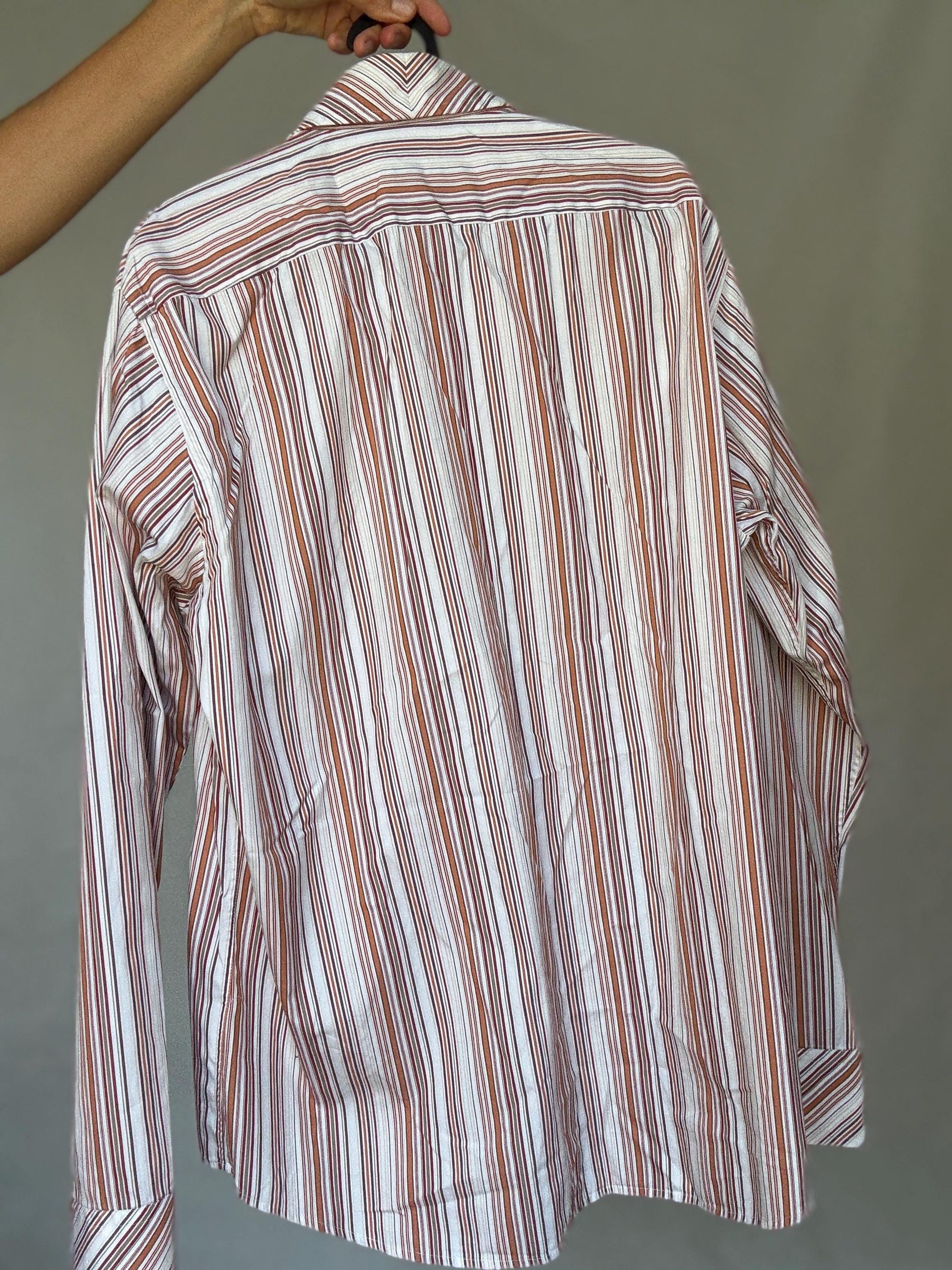 Hugo Boss men’s striped US XL cotton button-up shirt – red brown and white vertical stripe long sleeve classic preppy smart casual