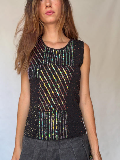 Y2K Black Sequin Retro Party Camisole — fabric close-up