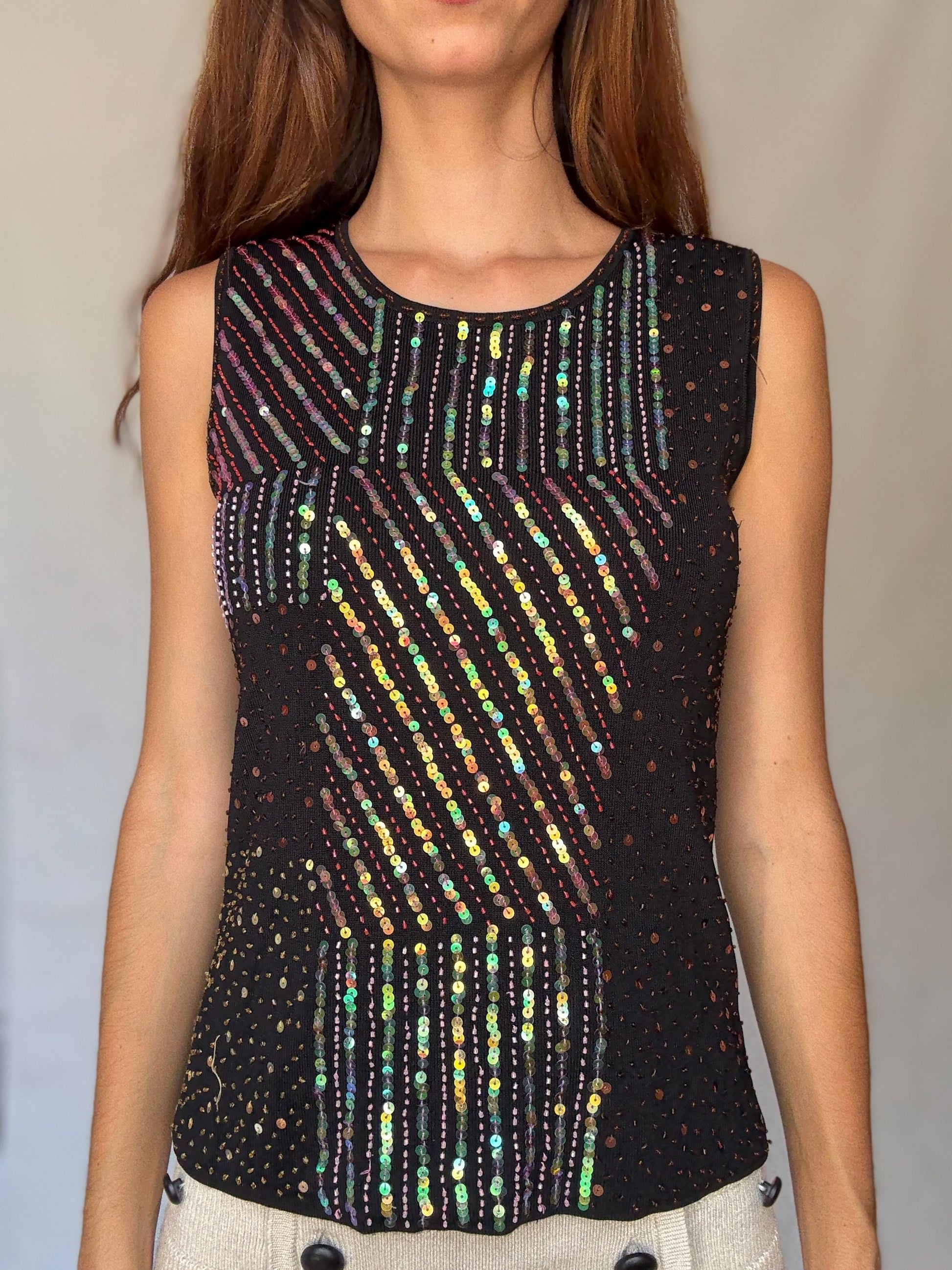 Y2K black sequin sleeveless top – 2000s retro party camisole with glittery geometric design, fun evening outfit – Size UK M/L