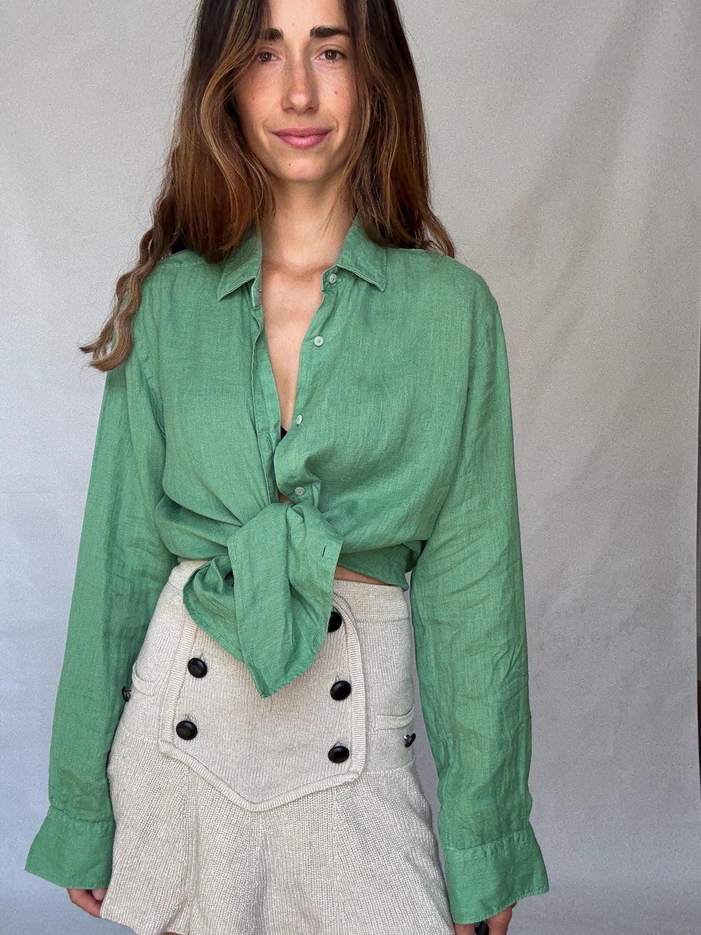 apple Green Massimo Dutti 100% linen shirt - Size EUR L – versatile unisex button-up in fresh trendy green, tie-front or classic fit