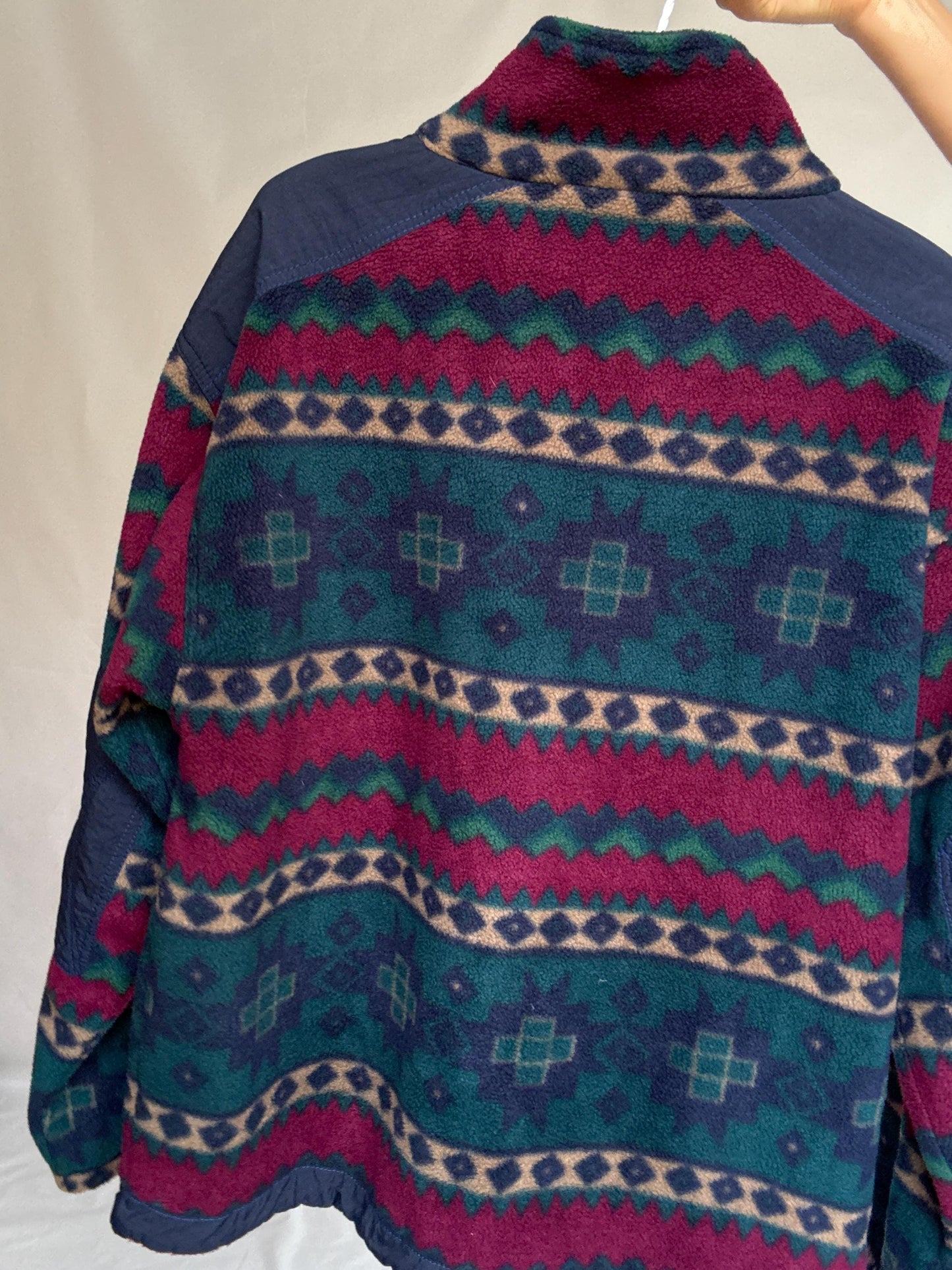 Retro Randy Fleece Jacket | Vintage Aztec Pattern Zip-Up | Cozy Unisex Ski Lodge Style, Size L