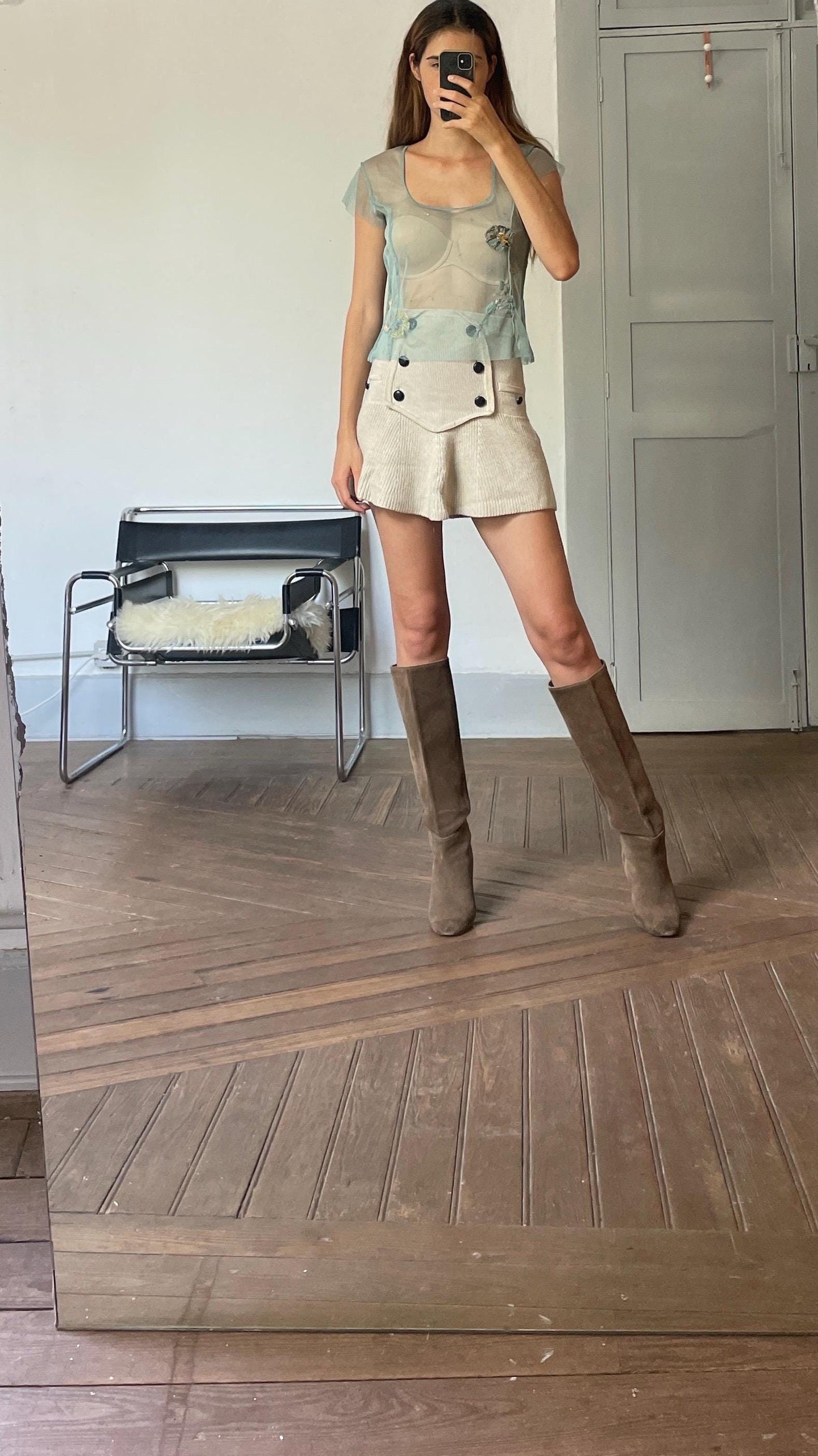 Sheer pastel blue woman shirt by Noa Noa. Features floral embroidery and sequins