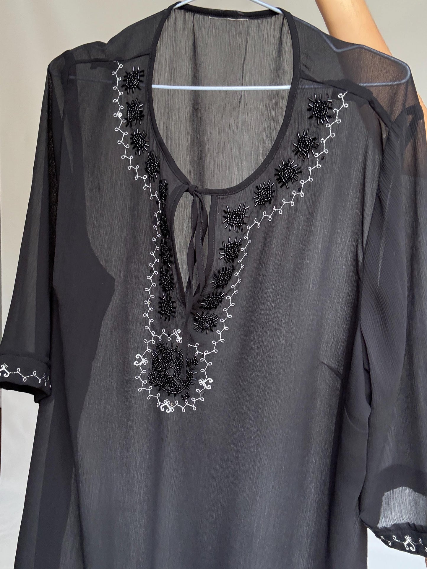 Sheer Black Embroidered Top • Boho Tunic Blouse • Festival See-Through Mesh Shirt