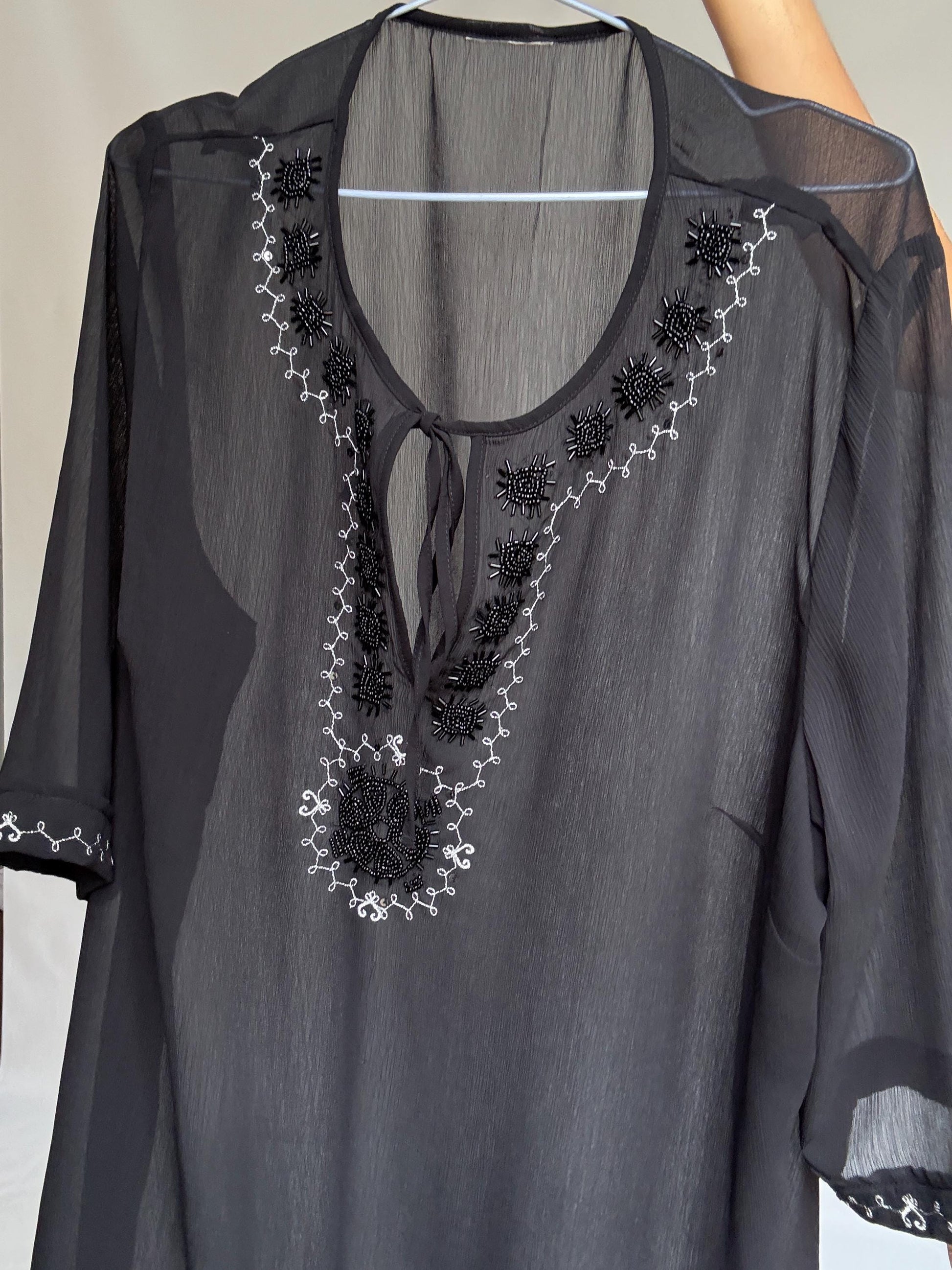 Sheer Black Embroidered Top • Boho Tunic Blouse • Festival See-Through Mesh Shirt