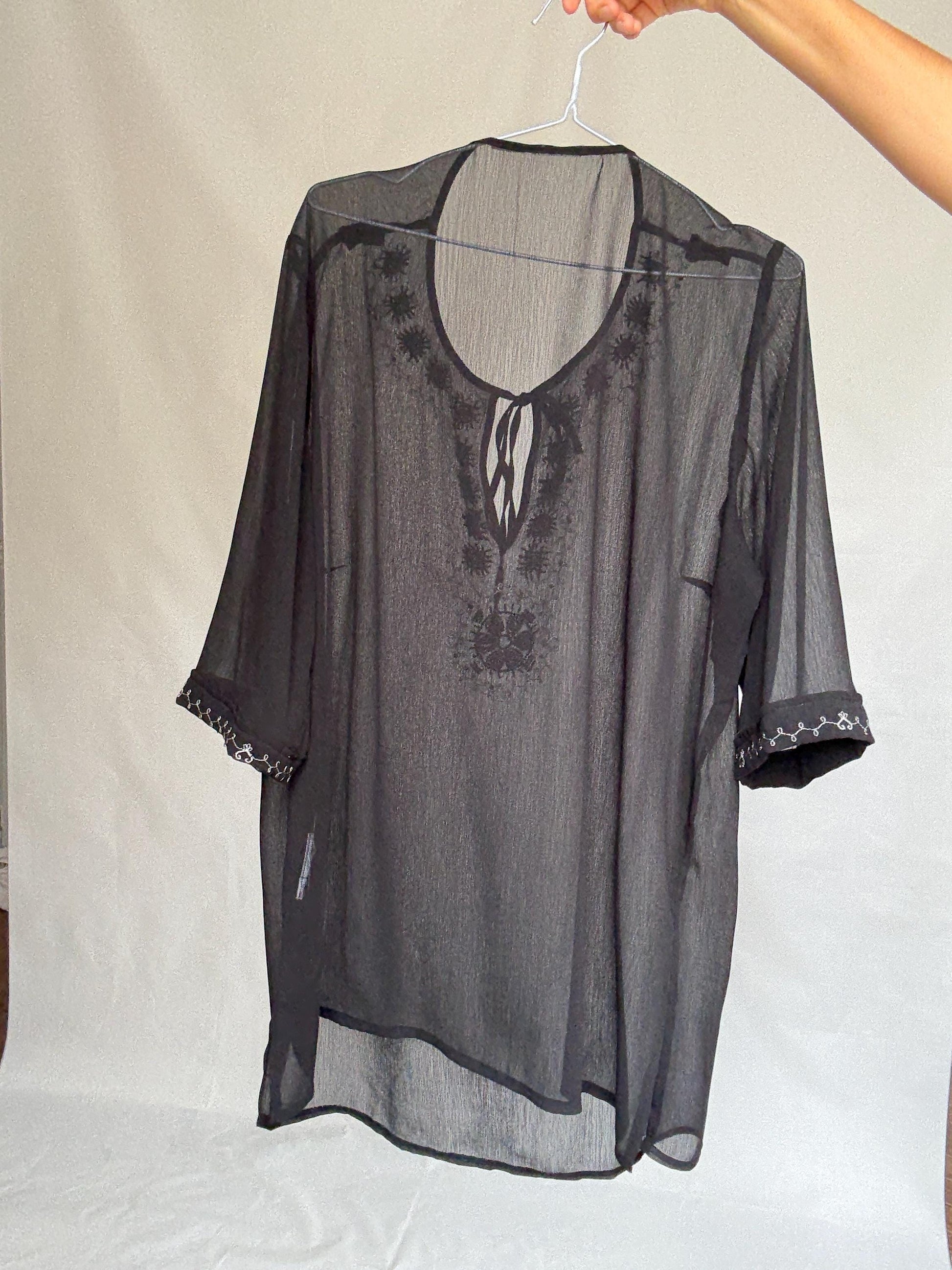 Sheer Black Embroidered Top • Boho Tunic Blouse • Festival See-Through Mesh Shirt