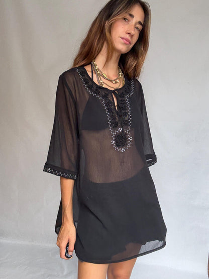 Sheer Black Embroidered Boho Tunic — back view