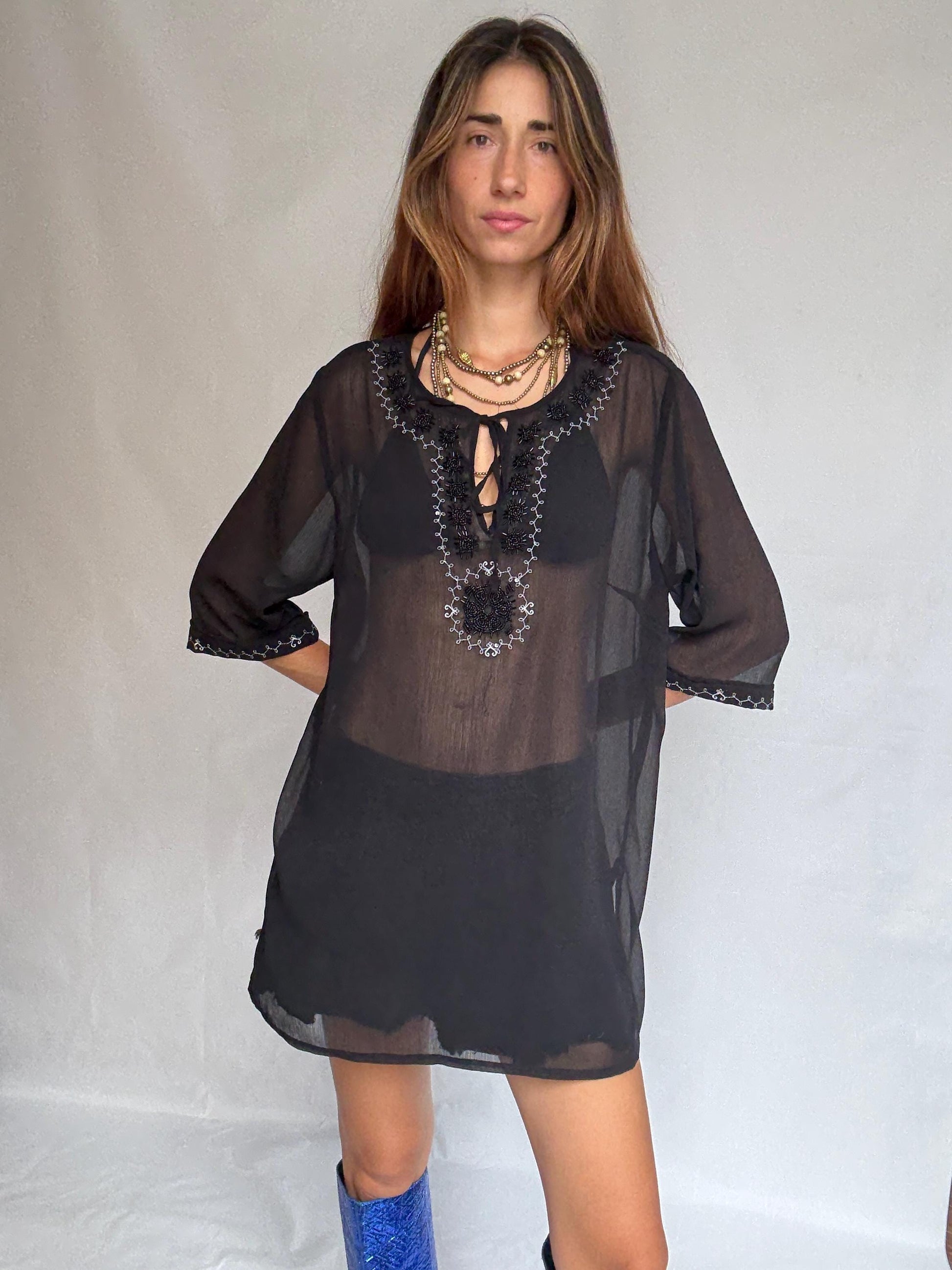 Sheer Black Embroidered Top • Boho Tunic Blouse • Festival See-Through Mesh Shirt