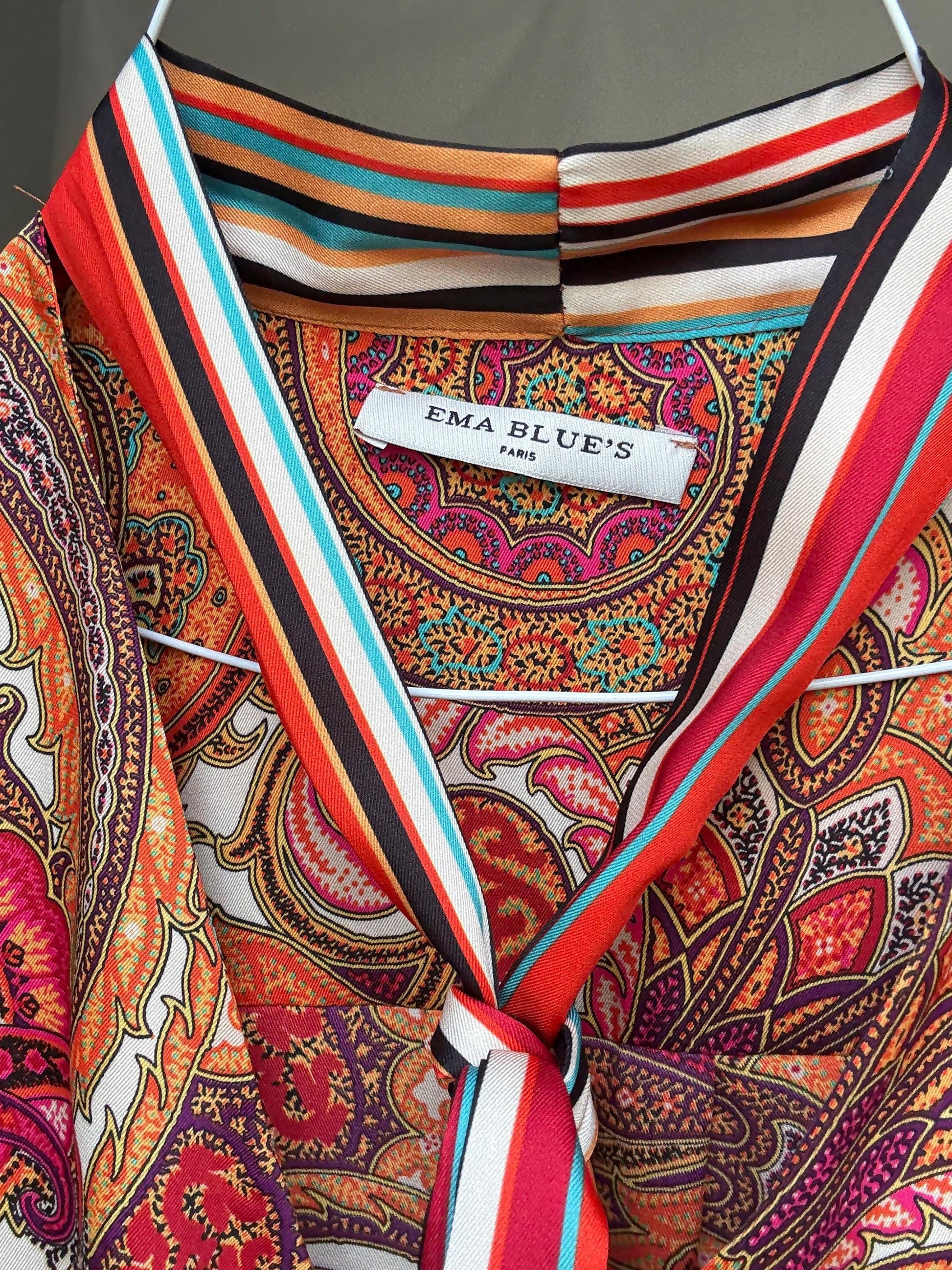 Paisley bow blouse by Ema Blue&#39;s – vintage-inspired long sleeve shirt with neck and wrist ties – size 2 retro print top