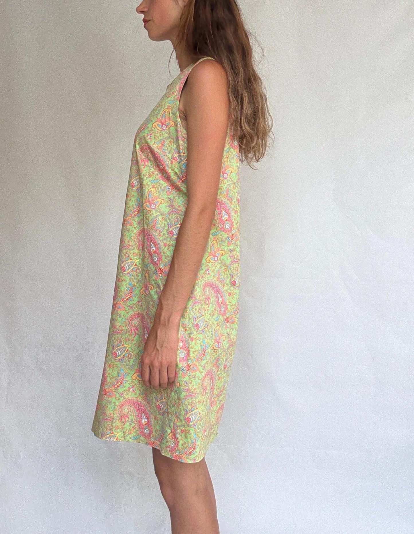 Ralph Lauren dress size 12 – sleeveless cotton blend shift with paisley print in lime green, 60s style vintage party dress with zip back