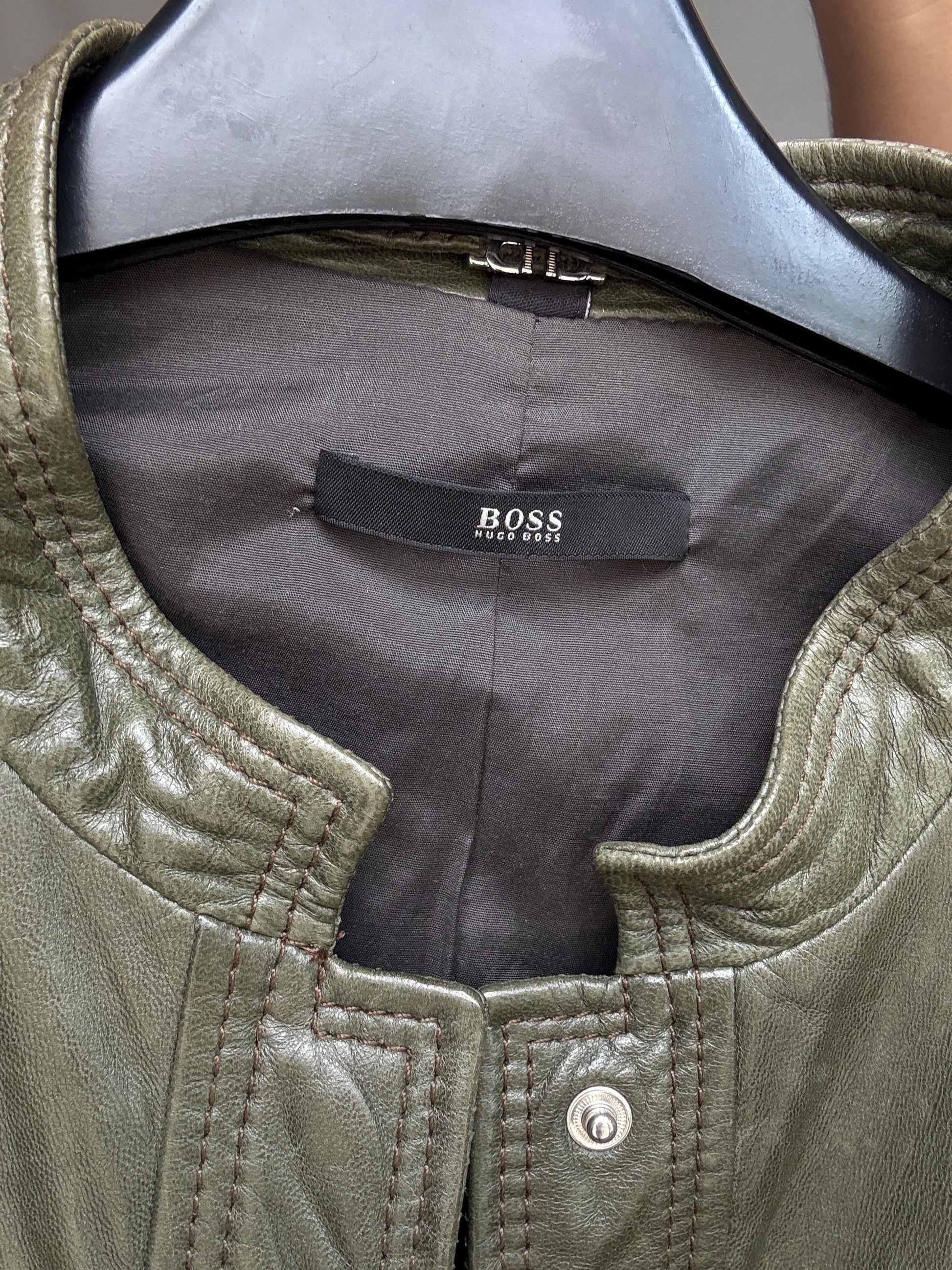 Vintage Hugo Boss Olive Green Leather Jacket | Belted Moto Blazer | 100% Lambskin | Soft Grunge Utility Chic | Size M