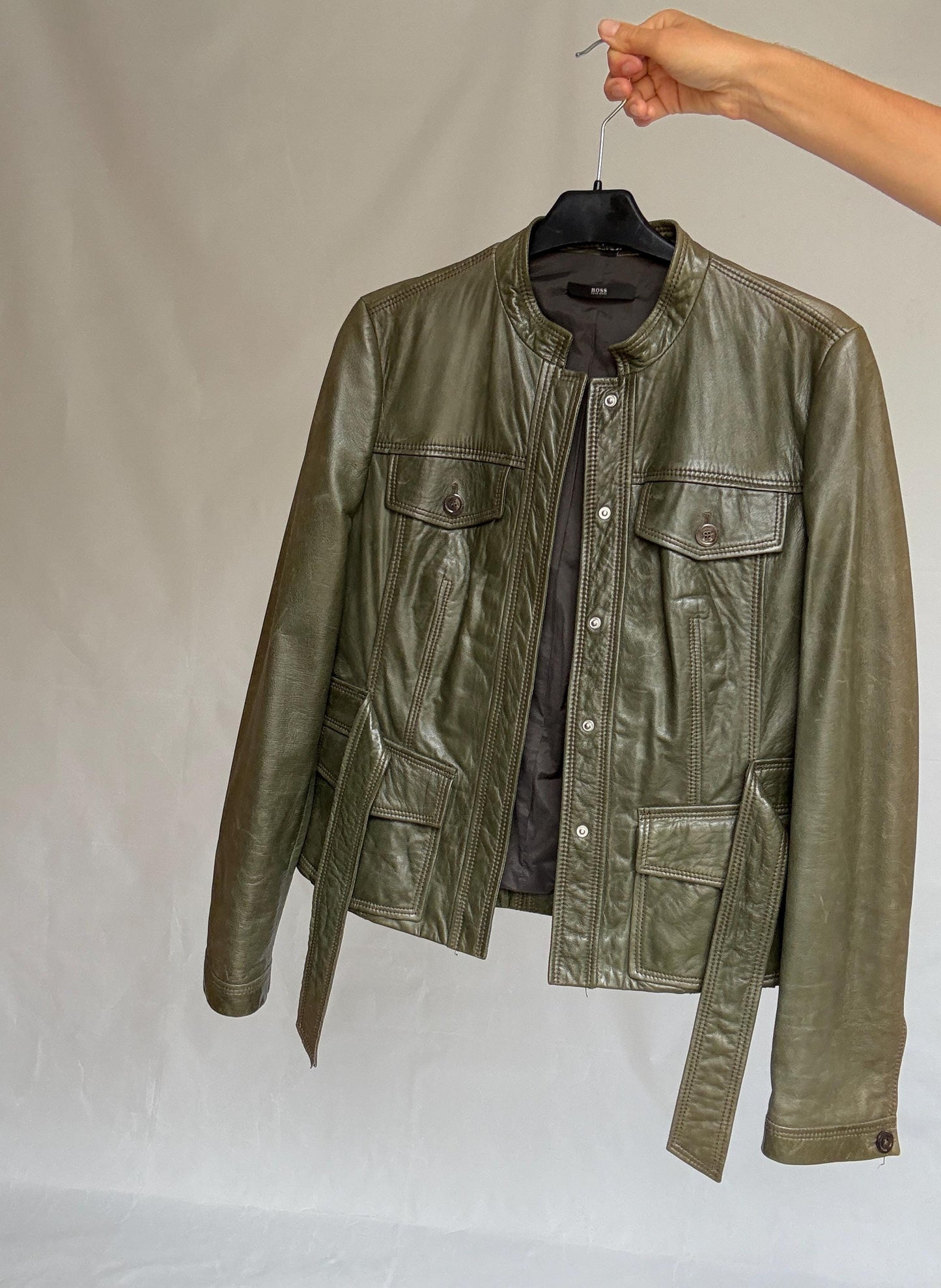 Vintage Hugo Boss Olive Green Leather Jacket | Belted Moto Blazer | 100% Lambskin | Soft Grunge Utility Chic | Size M