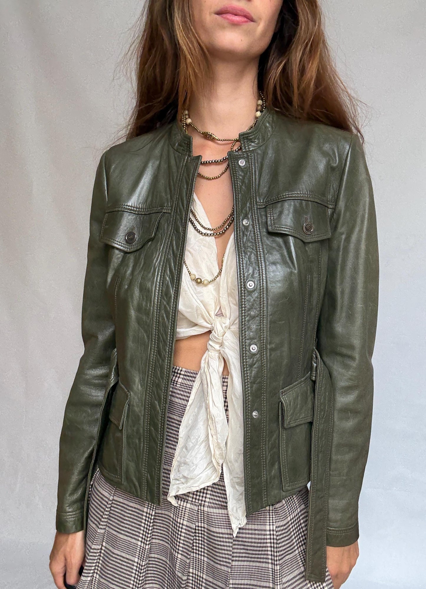 Vintage Hugo Boss Olive Green Leather Jacket | Belted Moto Blazer | 100% Lambskin | Soft Grunge Utility Chic | Size M