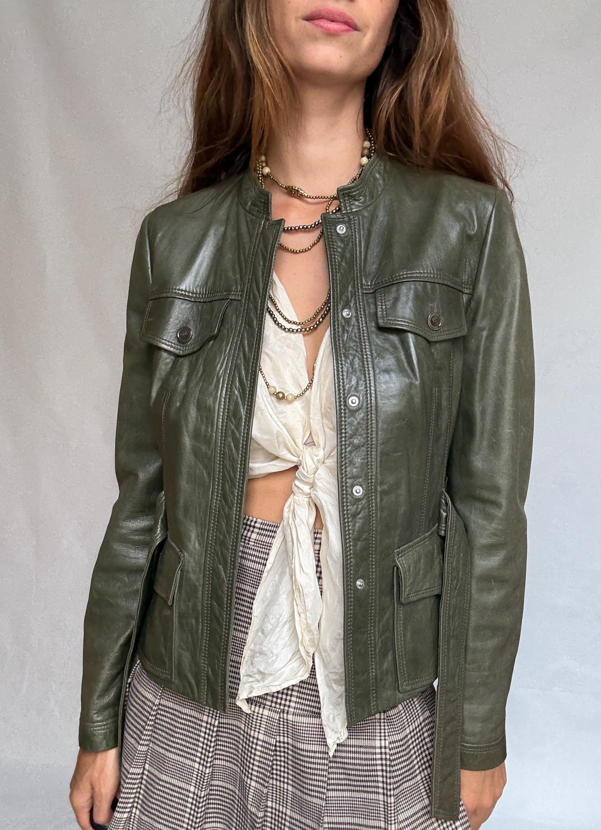 Vintage Hugo Boss Olive Green Leather Jacket | Belted Moto Blazer | 100% Lambskin | Soft Grunge Utility Chic | Size M